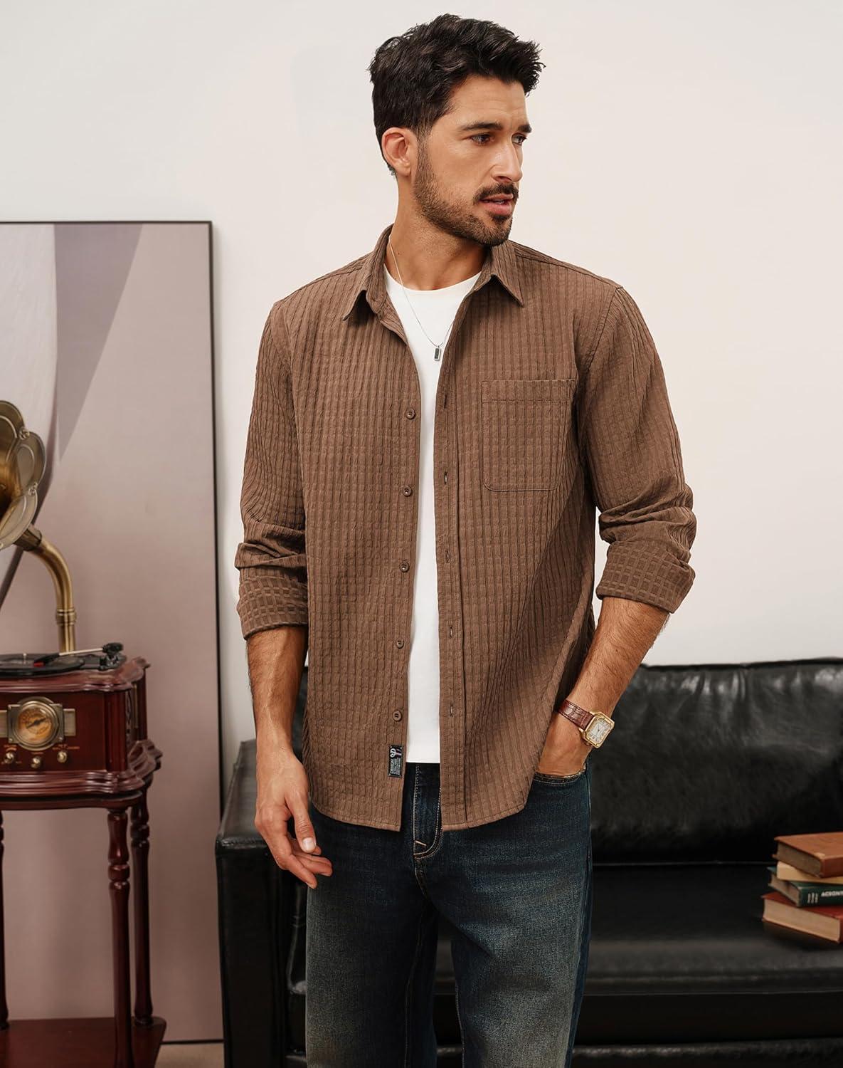 imagePJ PAUL JONES Mens Casual Button Down Shirts Long Sleeve Textured Wrinkle Free Untucked Shirt with PocketBrown