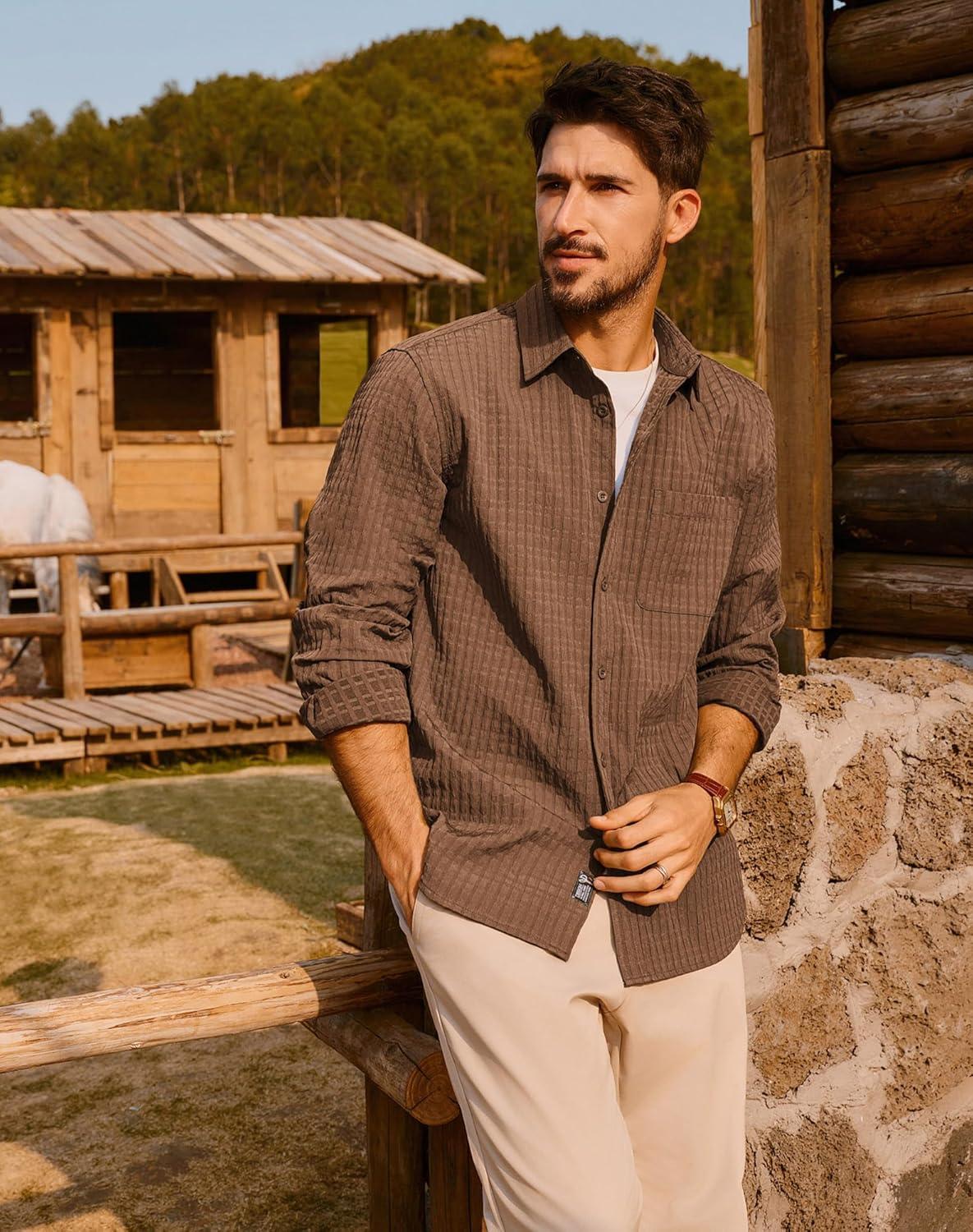 imagePJ PAUL JONES Mens Casual Button Down Shirts Long Sleeve Textured Wrinkle Free Untucked Shirt with PocketBrown