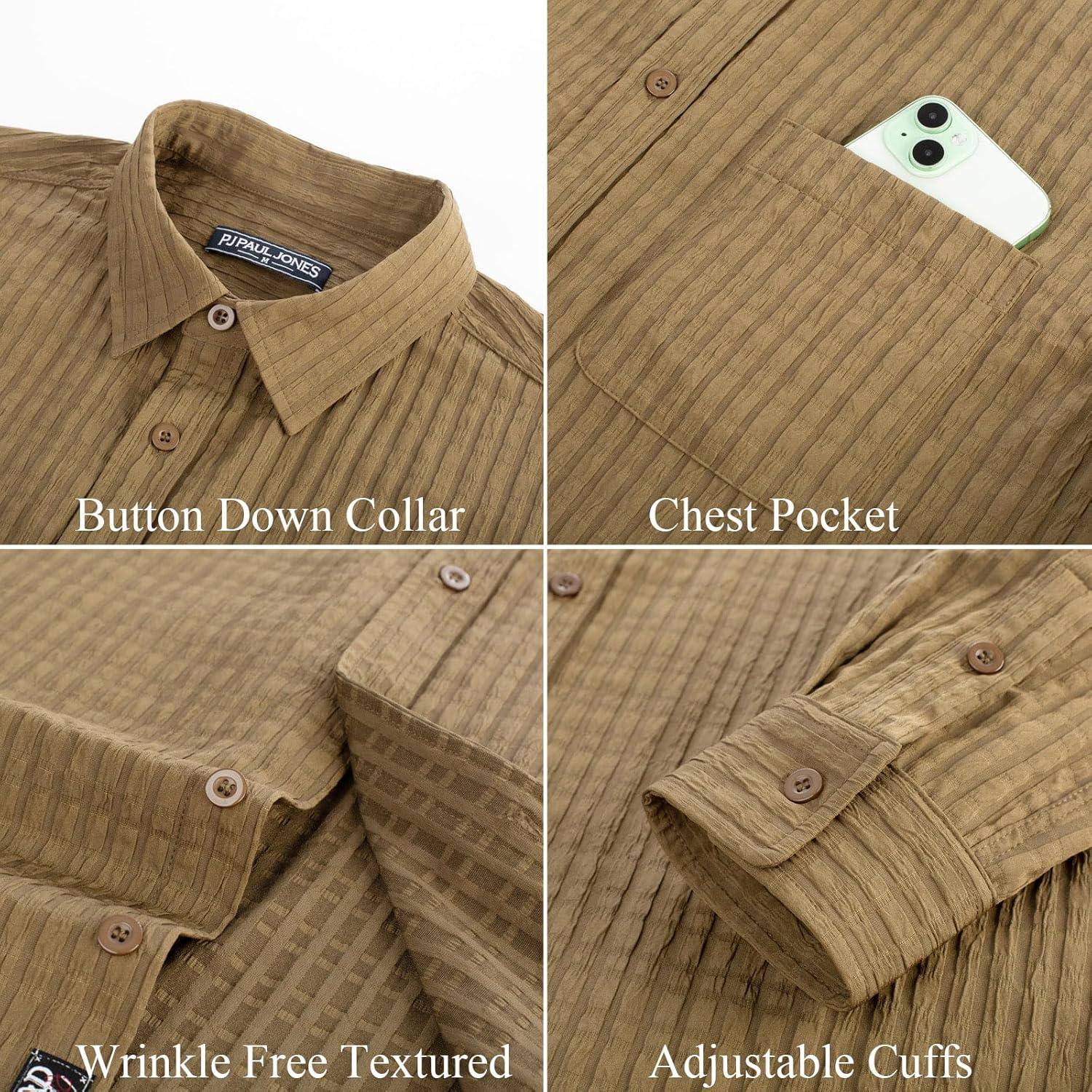imagePJ PAUL JONES Mens Casual Button Down Shirts Long Sleeve Textured Wrinkle Free Untucked Shirt with PocketKhaki
