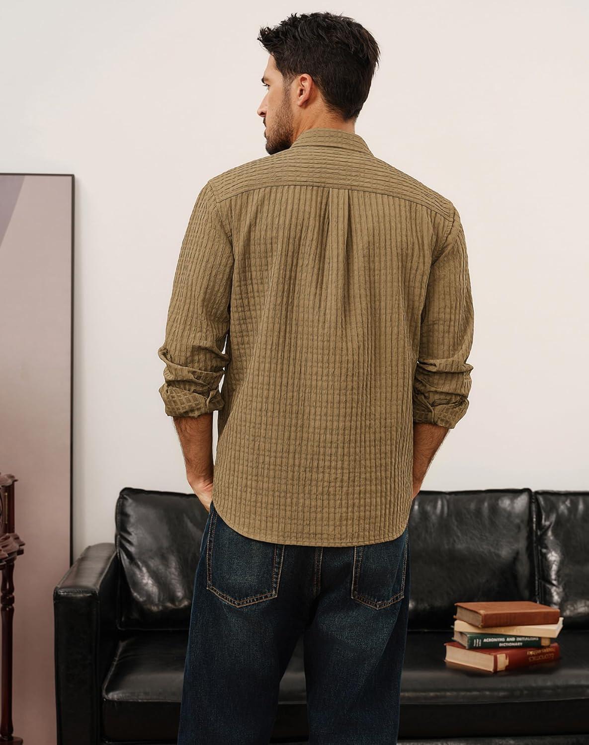 imagePJ PAUL JONES Mens Casual Button Down Shirts Long Sleeve Textured Wrinkle Free Untucked Shirt with PocketKhaki