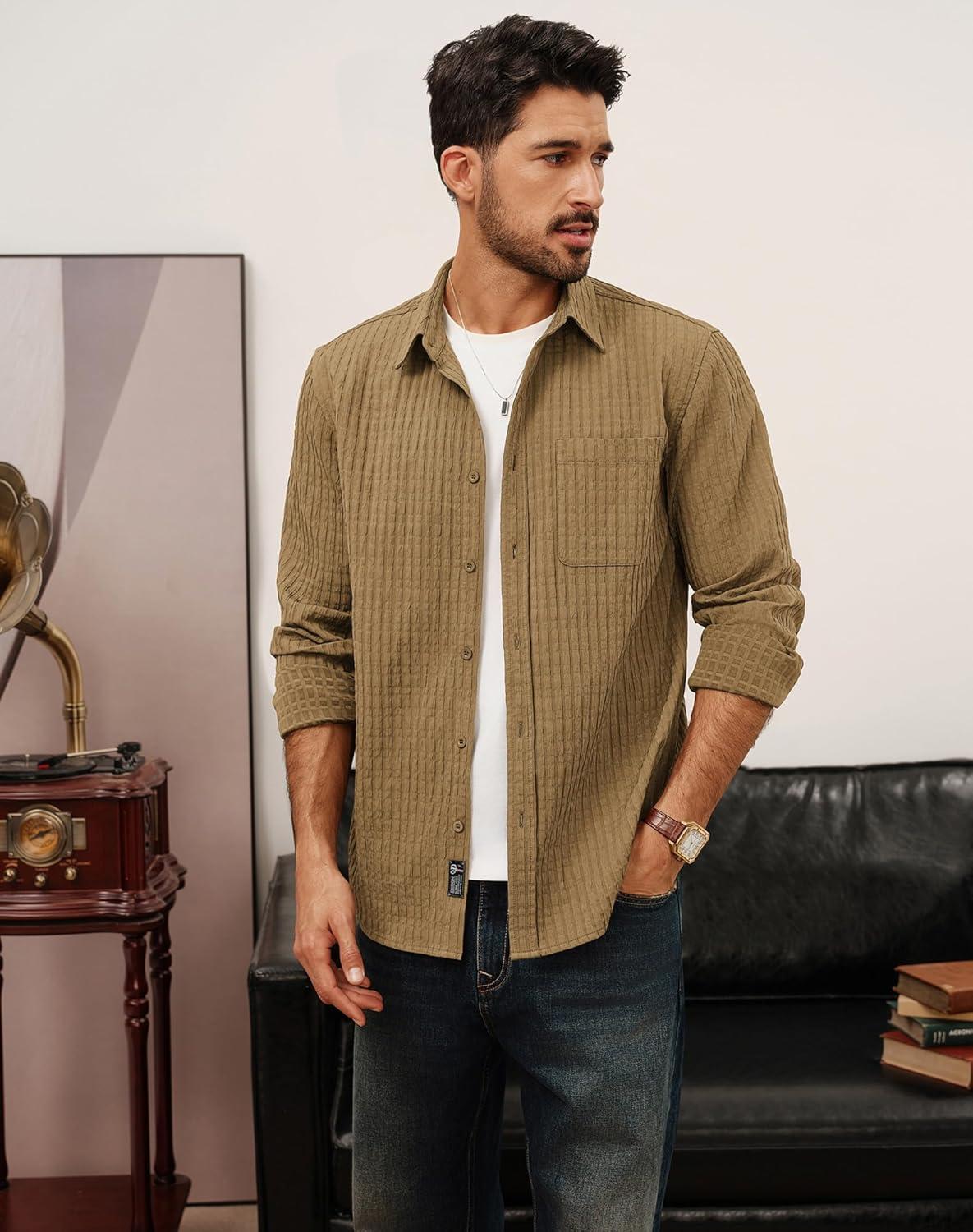 imagePJ PAUL JONES Mens Casual Button Down Shirts Long Sleeve Textured Wrinkle Free Untucked Shirt with PocketKhaki