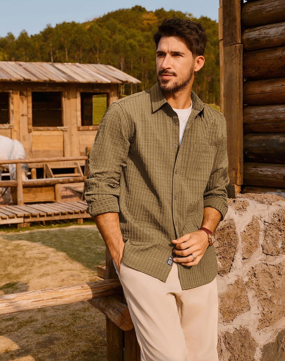 imagePJ PAUL JONES Mens Casual Button Down Shirts Long Sleeve Textured Wrinkle Free Untucked Shirt with PocketKhaki