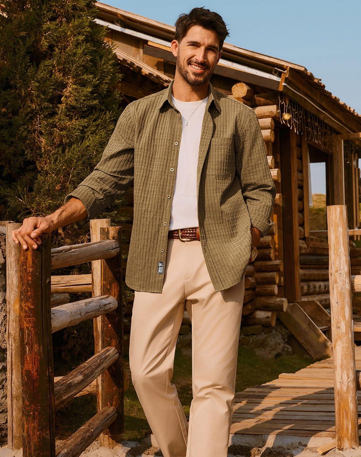 imagePJ PAUL JONES Mens Casual Button Down Shirts Long Sleeve Textured Wrinkle Free Untucked Shirt with PocketKhaki