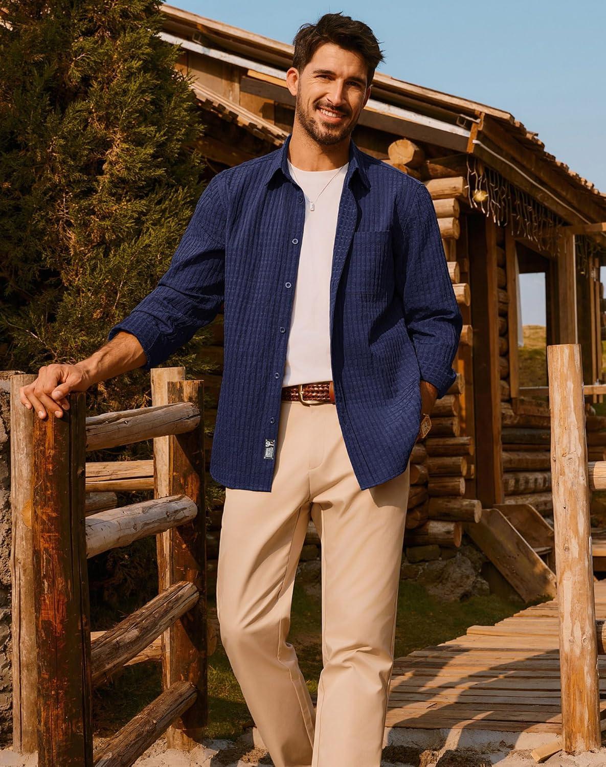 imagePJ PAUL JONES Mens Casual Button Down Shirts Long Sleeve Textured Wrinkle Free Untucked Shirt with PocketNavy Blue