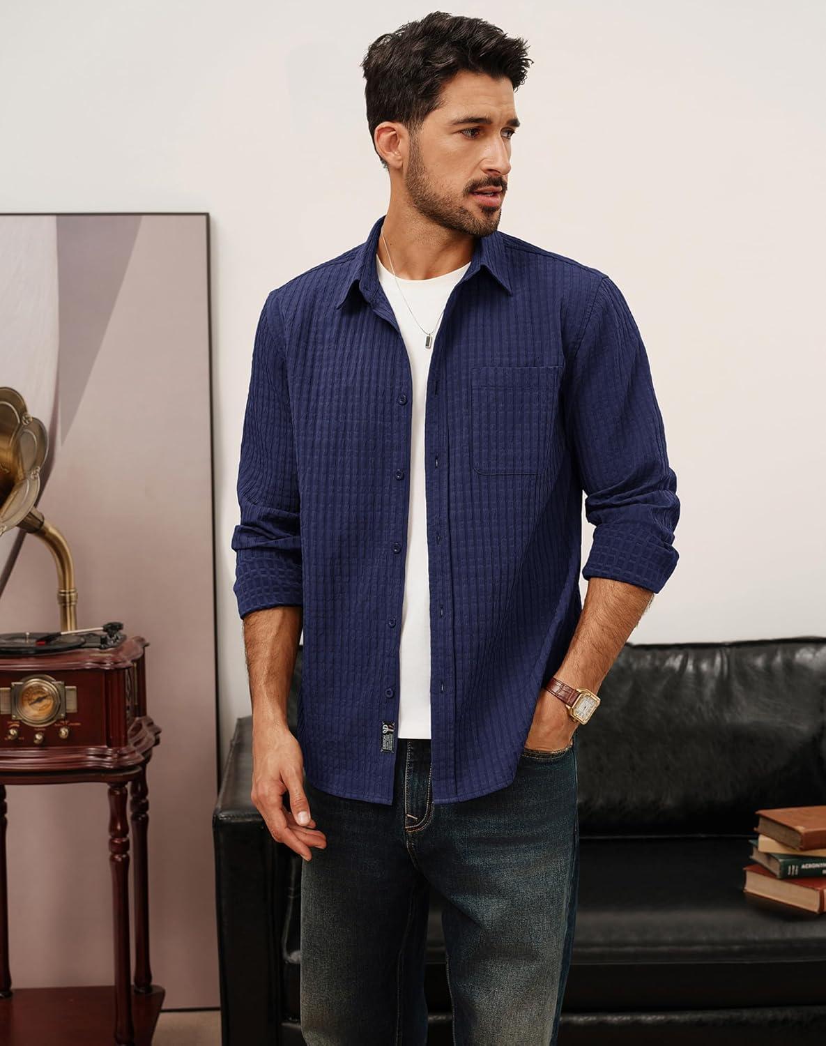 imagePJ PAUL JONES Mens Casual Button Down Shirts Long Sleeve Textured Wrinkle Free Untucked Shirt with PocketNavy Blue