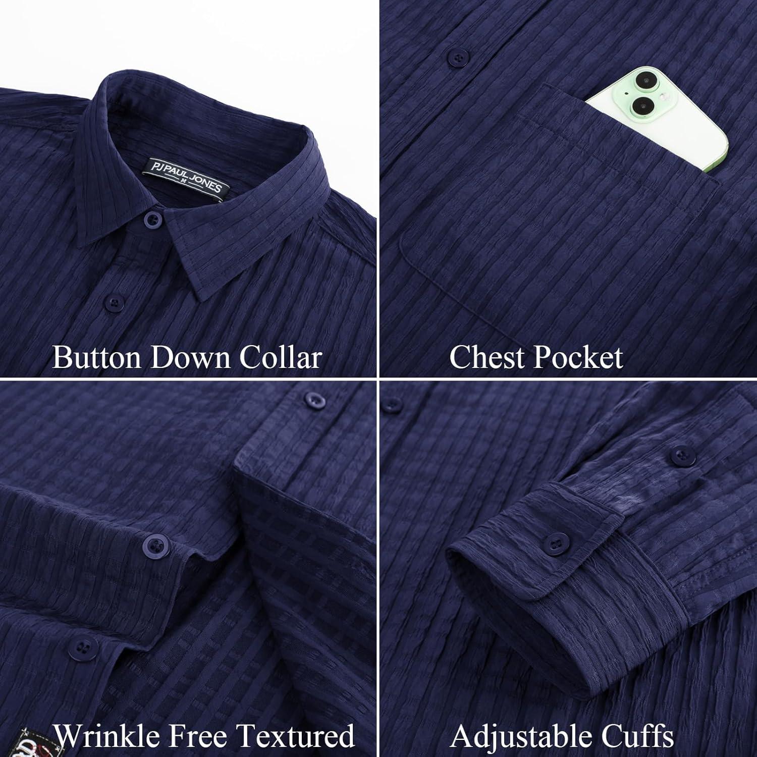 imagePJ PAUL JONES Mens Casual Button Down Shirts Long Sleeve Textured Wrinkle Free Untucked Shirt with PocketNavy Blue