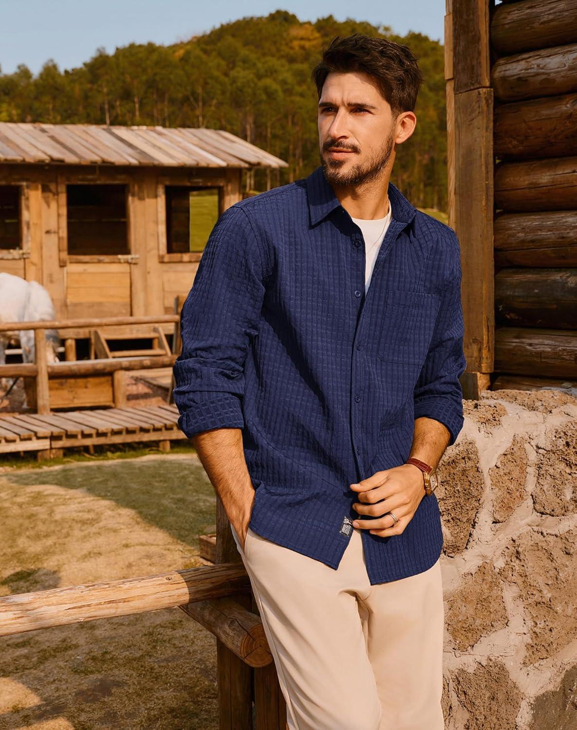 imagePJ PAUL JONES Mens Casual Button Down Shirts Long Sleeve Textured Wrinkle Free Untucked Shirt with PocketNavy Blue