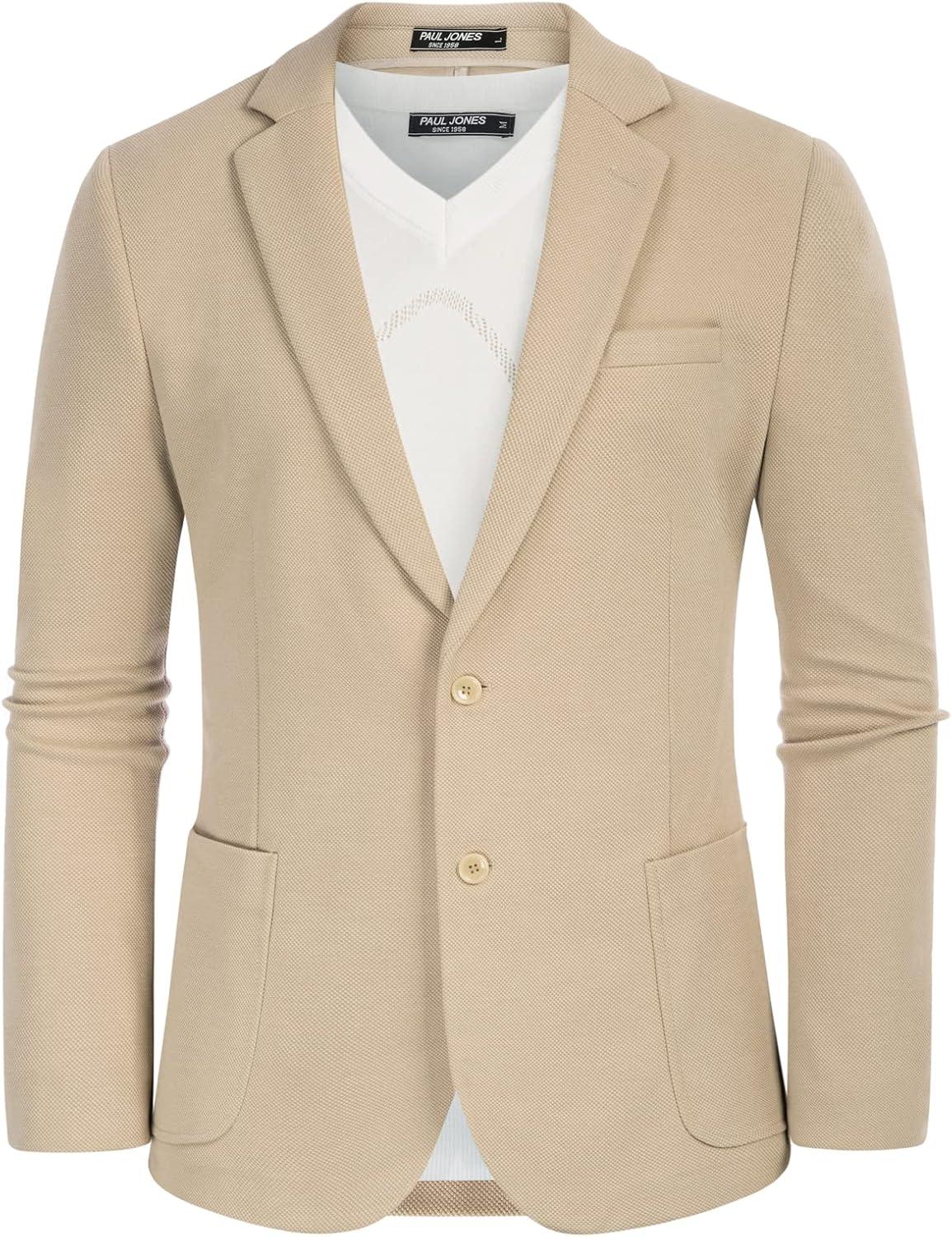 imagePJ PAUL JONES Mens Casual Knit Blazer Suit Jackets Two Button Lightweight Unlined Sport CoatBeige