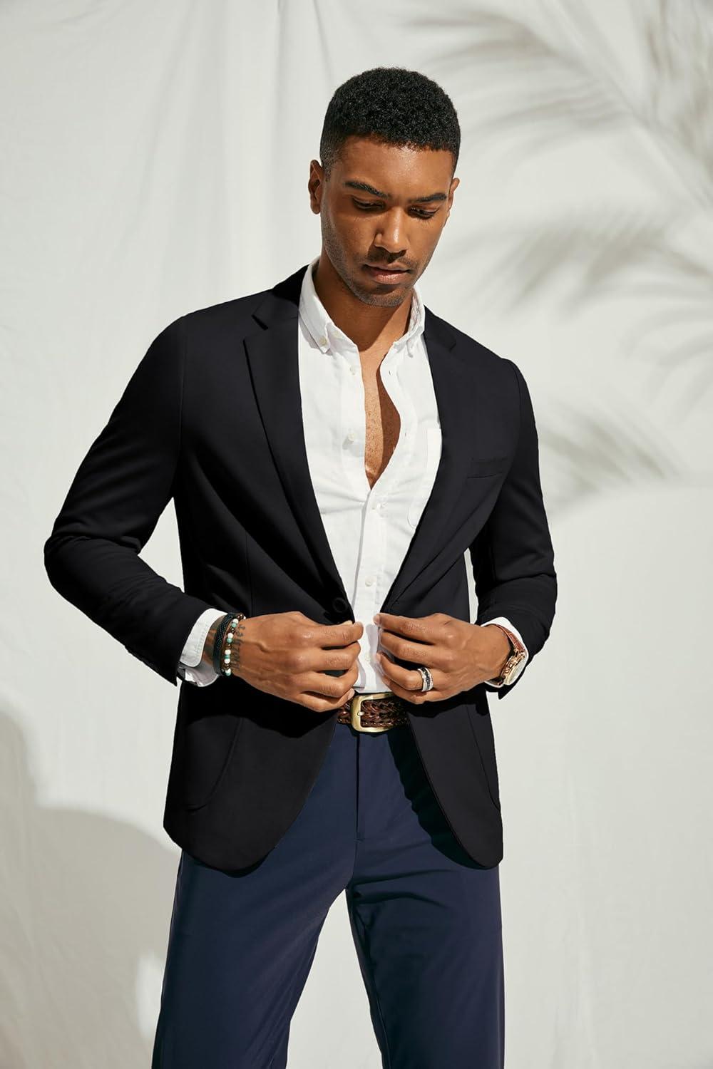 imagePJ PAUL JONES Mens Casual Knit Blazer Suit Jackets Two Button Lightweight Unlined Sport CoatBlacklightweight