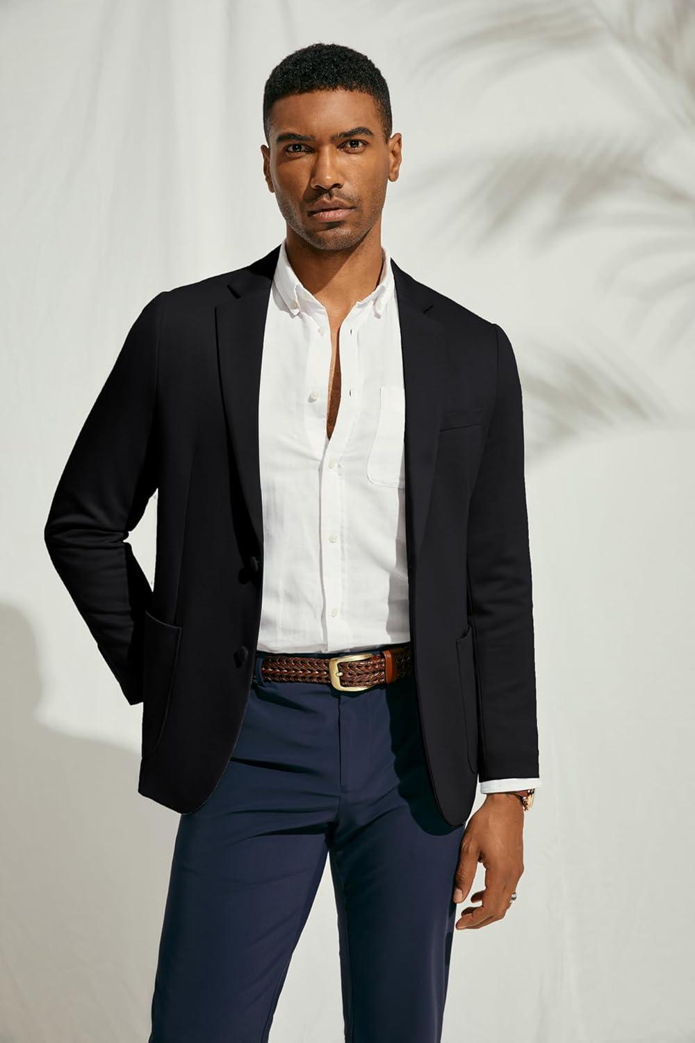 imagePJ PAUL JONES Mens Casual Knit Blazer Suit Jackets Two Button Lightweight Unlined Sport CoatBlacklightweight