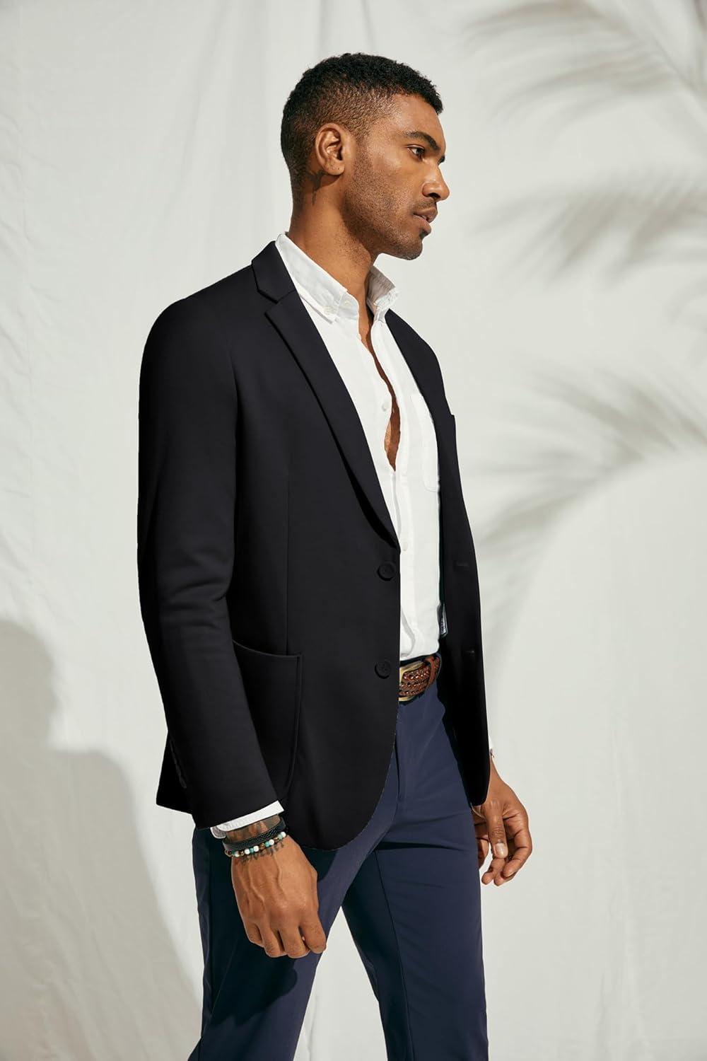 imagePJ PAUL JONES Mens Casual Knit Blazer Suit Jackets Two Button Lightweight Unlined Sport CoatBlacklightweight