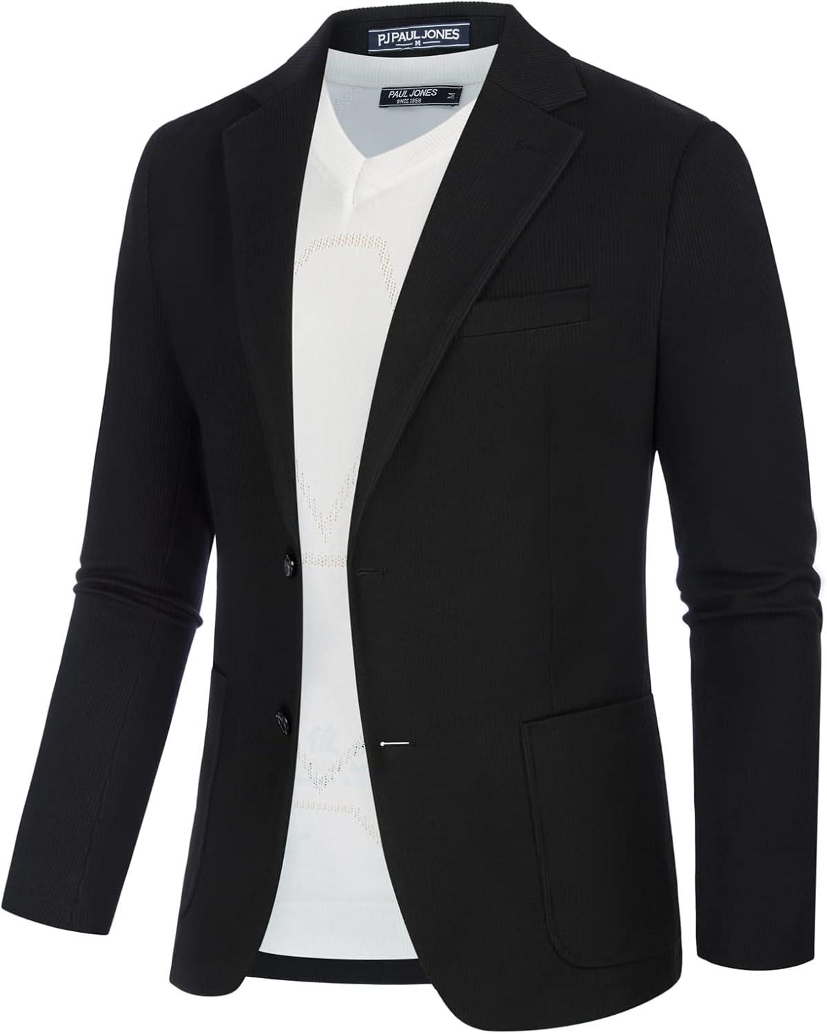 imagePJ PAUL JONES Mens Casual Knit Blazer Suit Jackets Two Button Lightweight Unlined Sport CoatBlackribbed Texture
