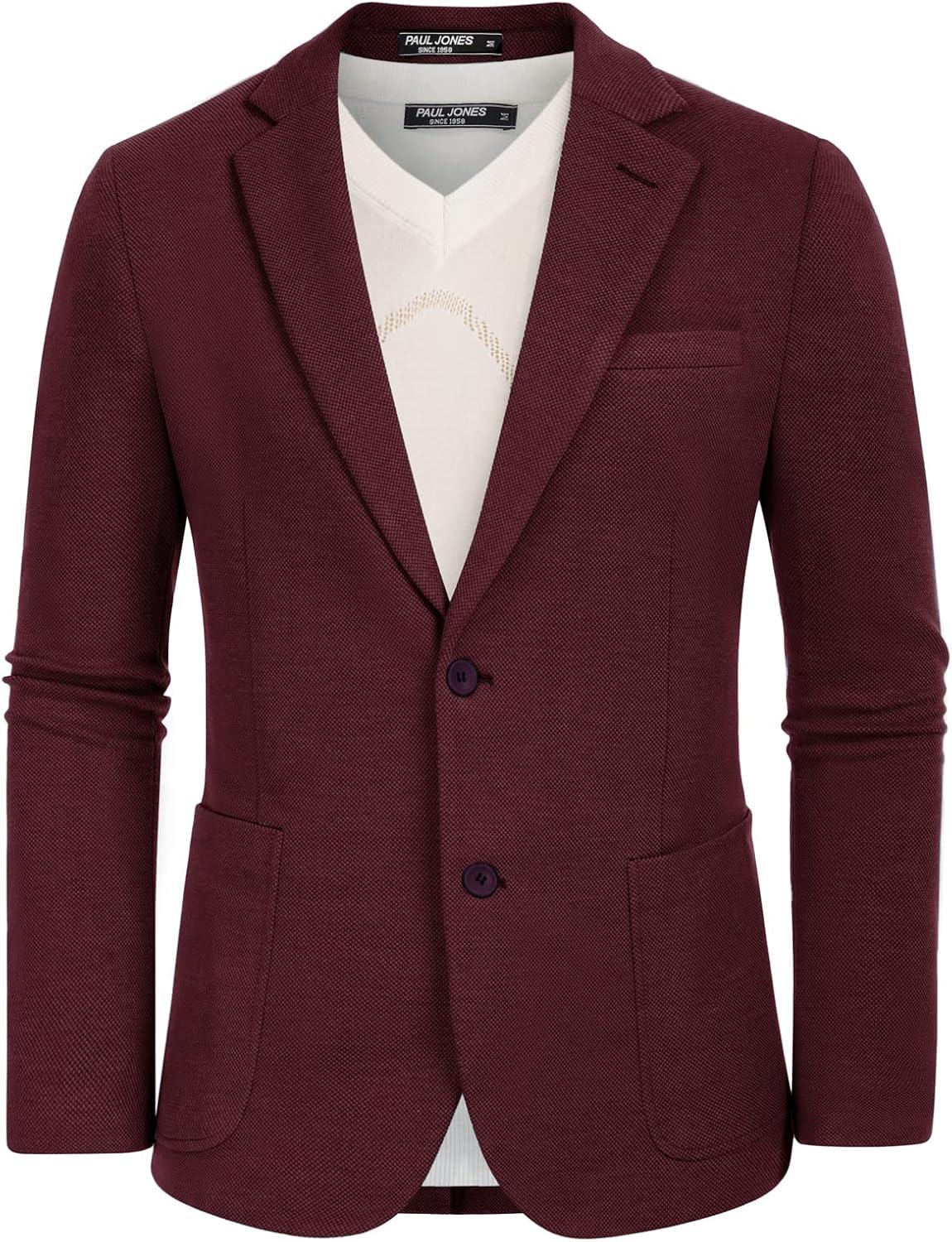 imagePJ PAUL JONES Mens Casual Knit Blazer Suit Jackets Two Button Lightweight Unlined Sport CoatBordeaux