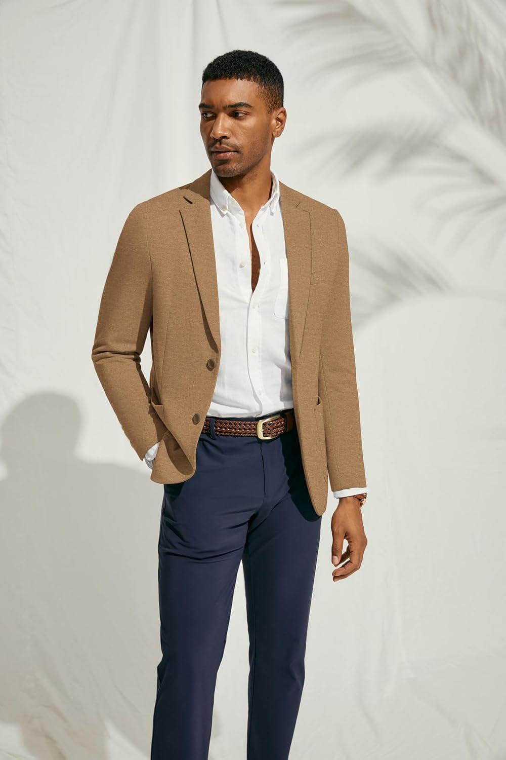 imagePJ PAUL JONES Mens Casual Knit Blazer Suit Jackets Two Button Lightweight Unlined Sport CoatBrownlightweight