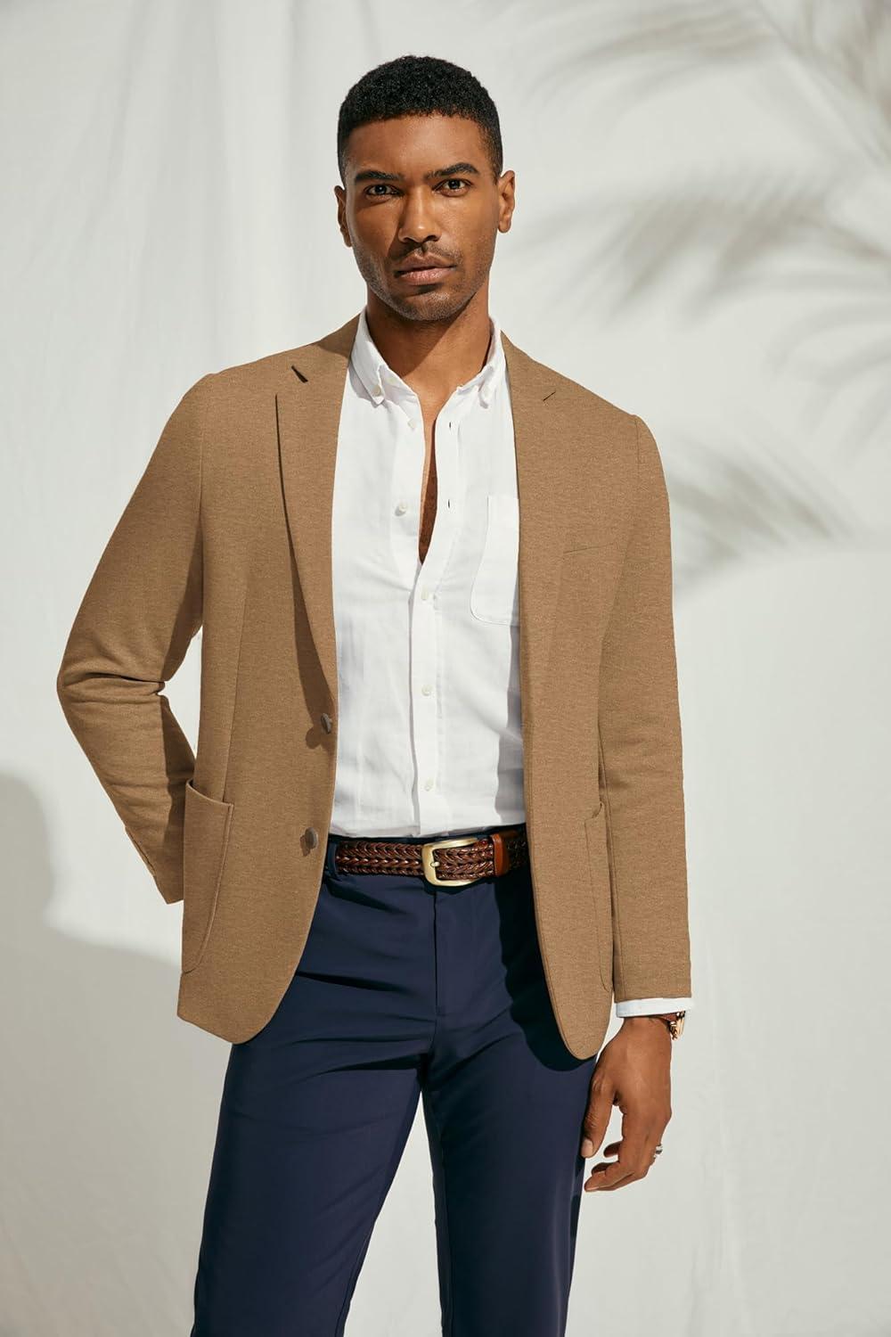 imagePJ PAUL JONES Mens Casual Knit Blazer Suit Jackets Two Button Lightweight Unlined Sport CoatBrownlightweight