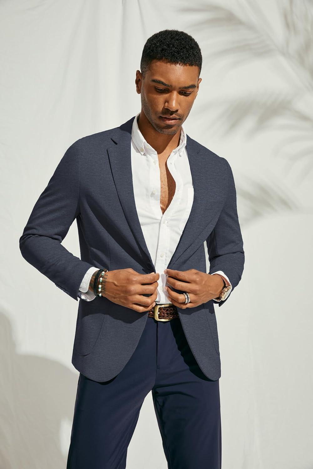 imagePJ PAUL JONES Mens Casual Knit Blazer Suit Jackets Two Button Lightweight Unlined Sport CoatDark Bluelightweight