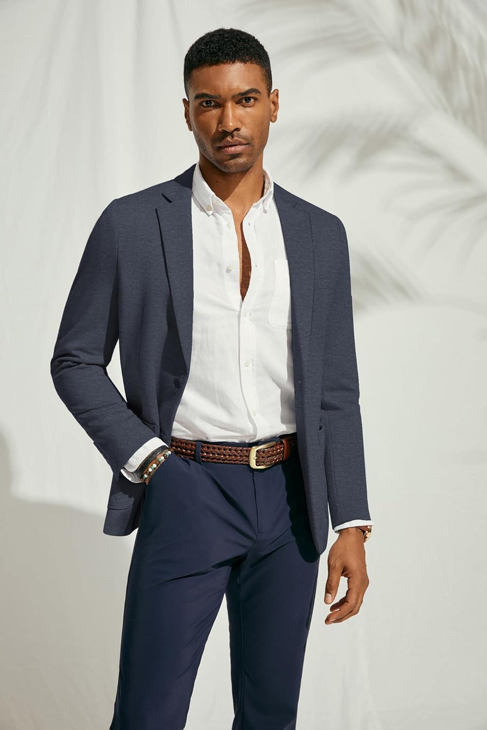 imagePJ PAUL JONES Mens Casual Knit Blazer Suit Jackets Two Button Lightweight Unlined Sport CoatDark Bluelightweight