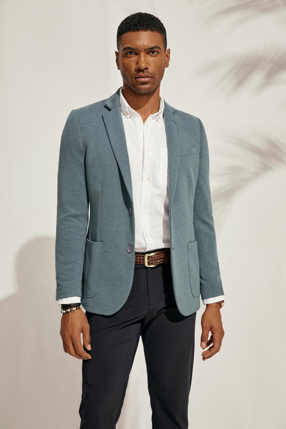 imagePJ PAUL JONES Mens Casual Knit Blazer Suit Jackets Two Button Lightweight Unlined Sport CoatGray Blue