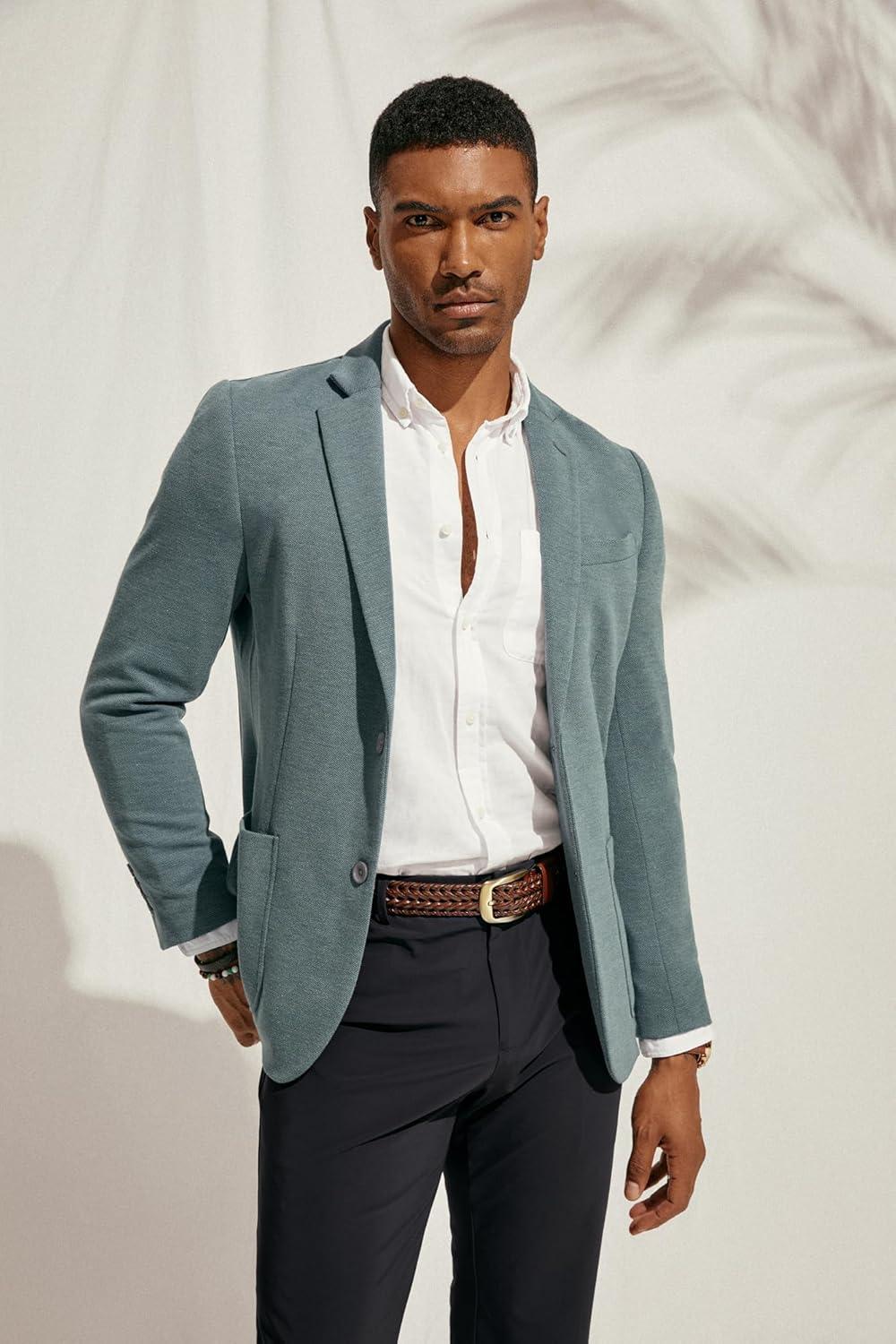 imagePJ PAUL JONES Mens Casual Knit Blazer Suit Jackets Two Button Lightweight Unlined Sport CoatGray Blue