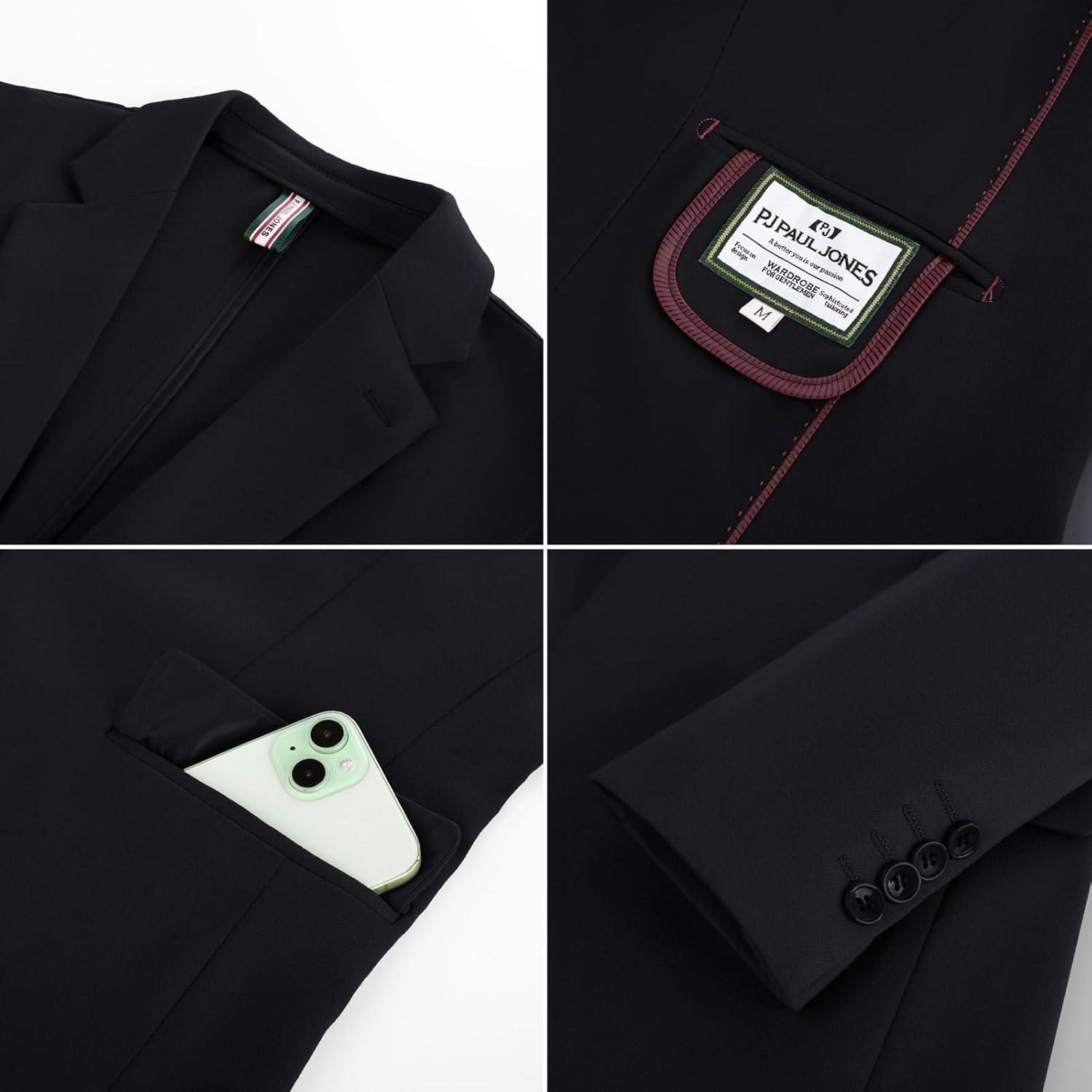 imagePJ PAUL JONES Mens Casual Knit Sport Coats One Button Slim Fit Blazer Notch Lapel Solid Suit Jacket with PocketsBlack