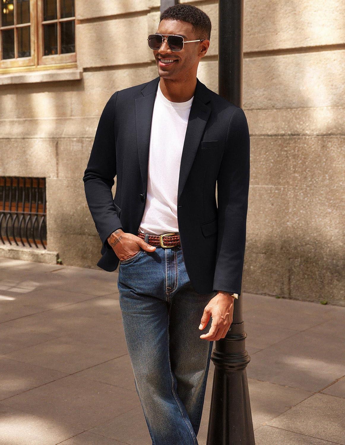 imagePJ PAUL JONES Mens Casual Knit Sport Coats One Button Slim Fit Blazer Notch Lapel Solid Suit Jacket with PocketsBlack