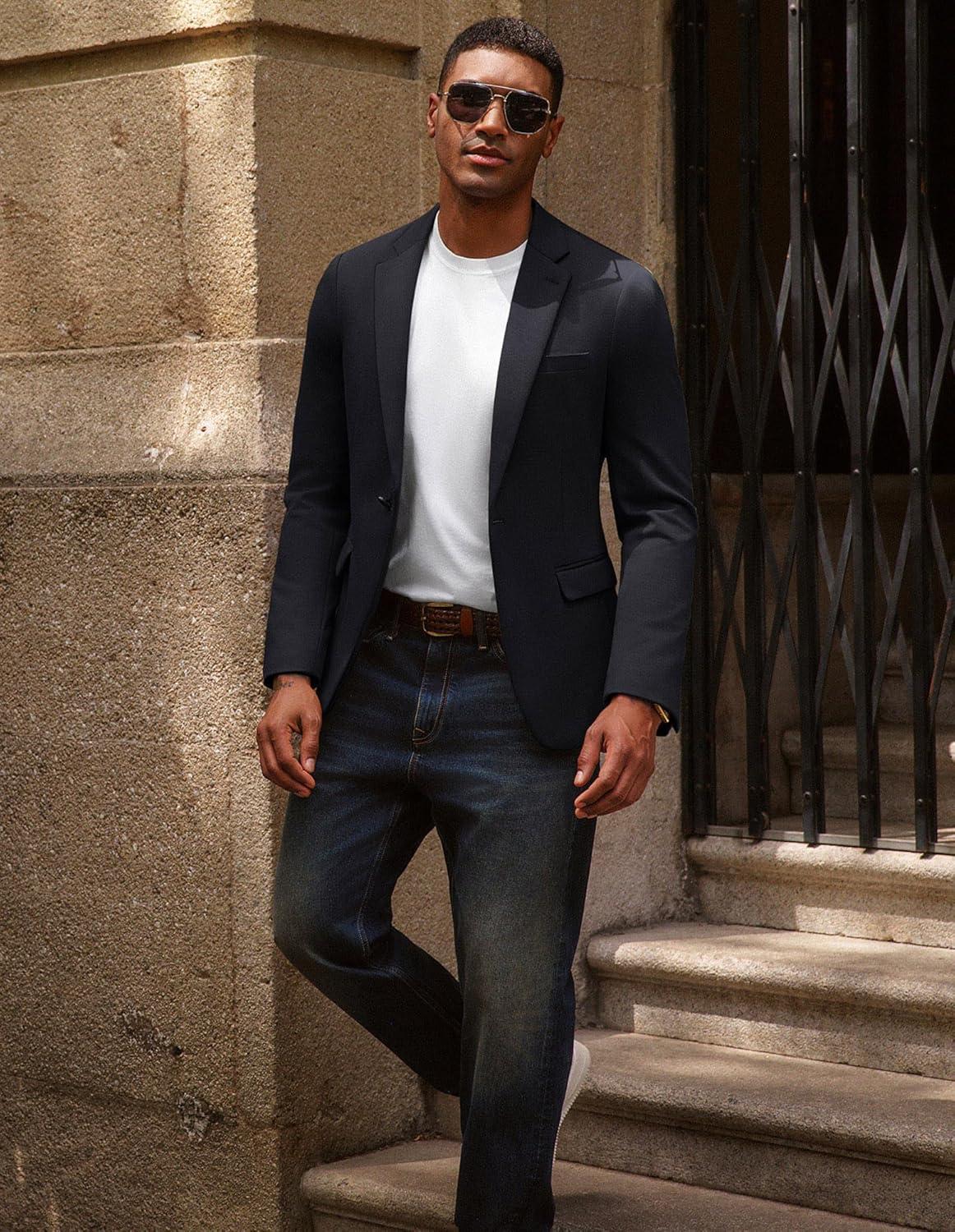 imagePJ PAUL JONES Mens Casual Knit Sport Coats One Button Slim Fit Blazer Notch Lapel Solid Suit Jacket with PocketsBlack