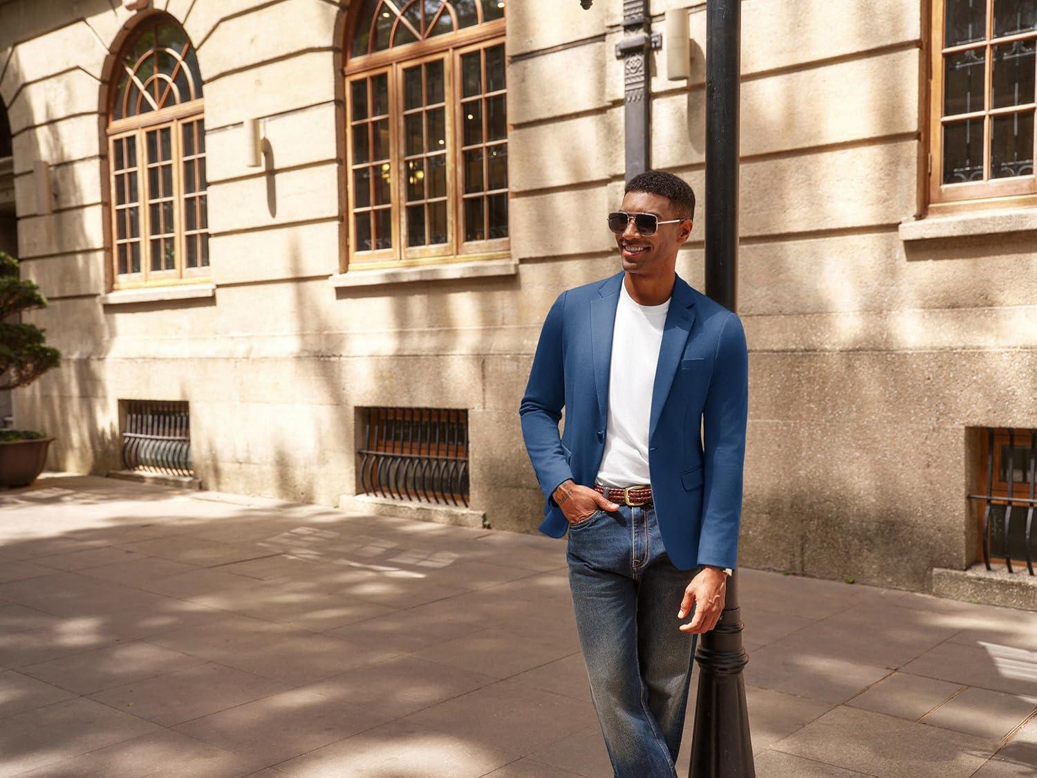 imagePJ PAUL JONES Mens Casual Knit Sport Coats One Button Slim Fit Blazer Notch Lapel Solid Suit Jacket with PocketsBlue