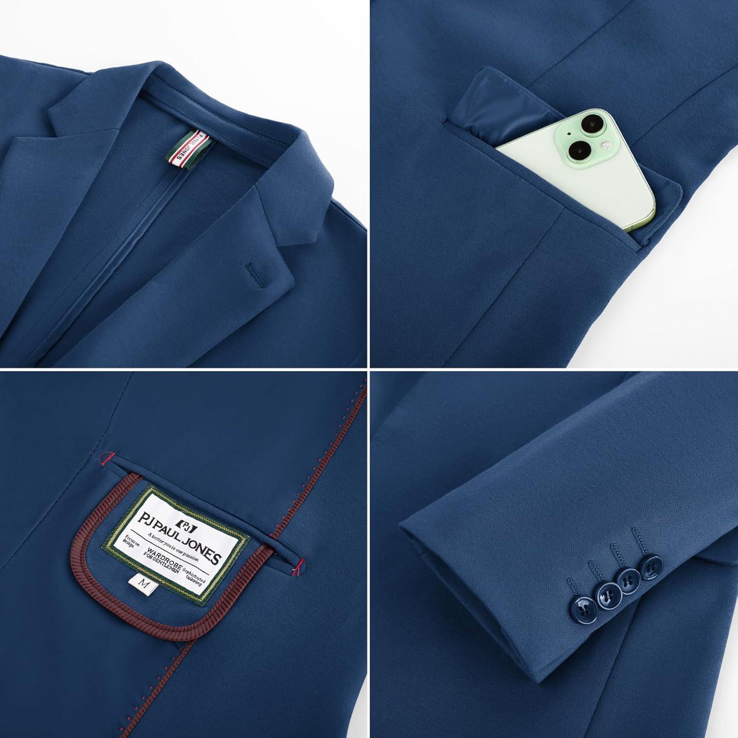 imagePJ PAUL JONES Mens Casual Knit Sport Coats One Button Slim Fit Blazer Notch Lapel Solid Suit Jacket with PocketsBlue