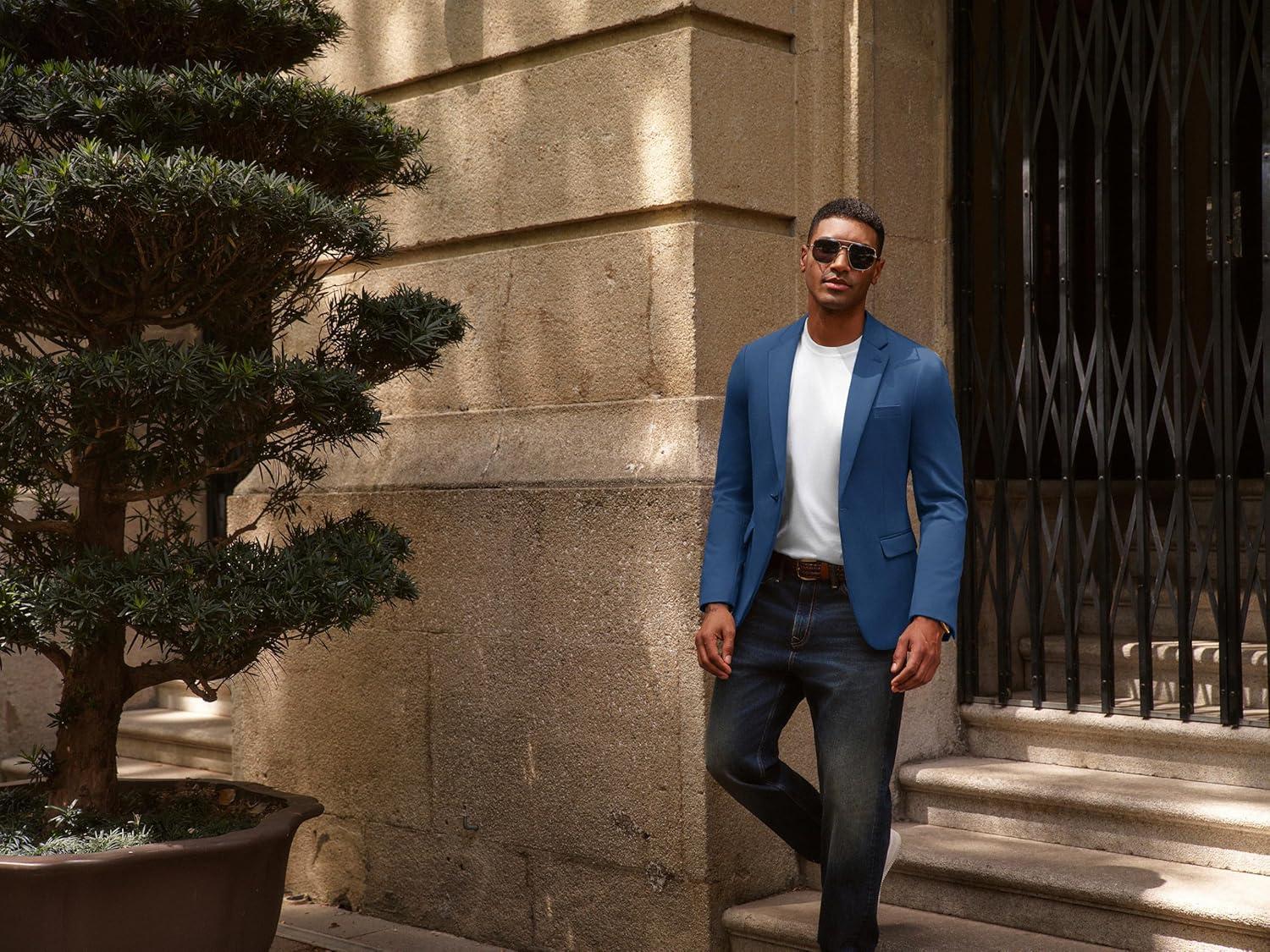 imagePJ PAUL JONES Mens Casual Knit Sport Coats One Button Slim Fit Blazer Notch Lapel Solid Suit Jacket with PocketsBlue