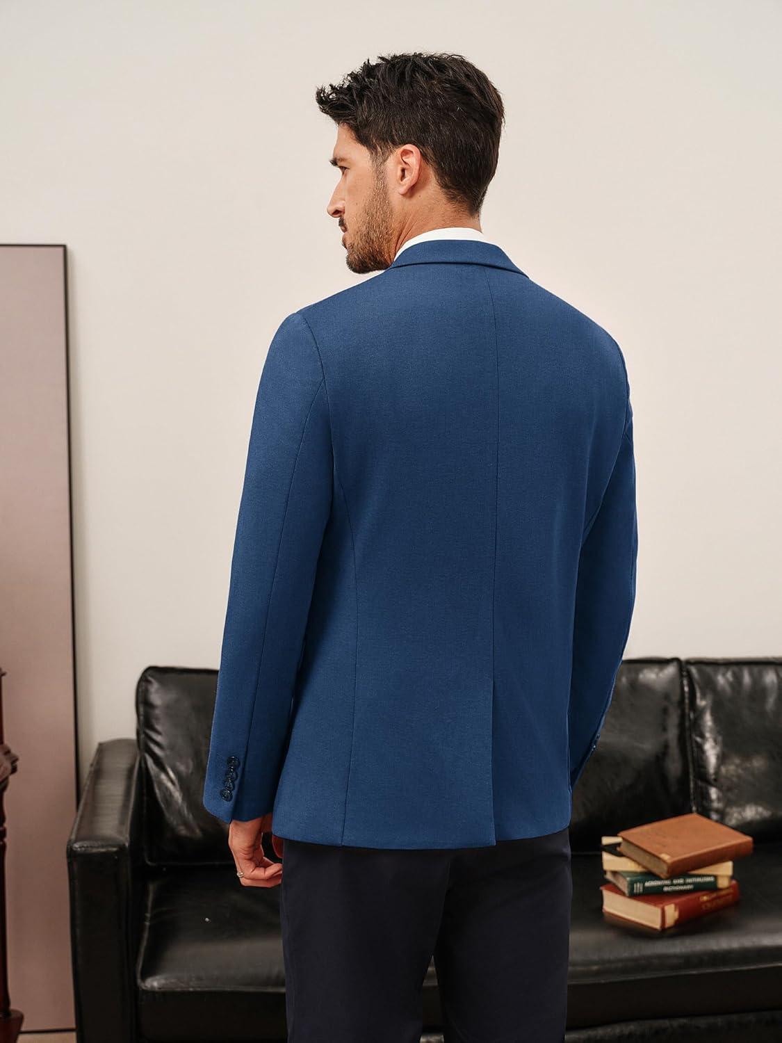 imagePJ PAUL JONES Mens Casual Knit Sport Coats One Button Slim Fit Blazer Notch Lapel Solid Suit Jacket with PocketsBlue