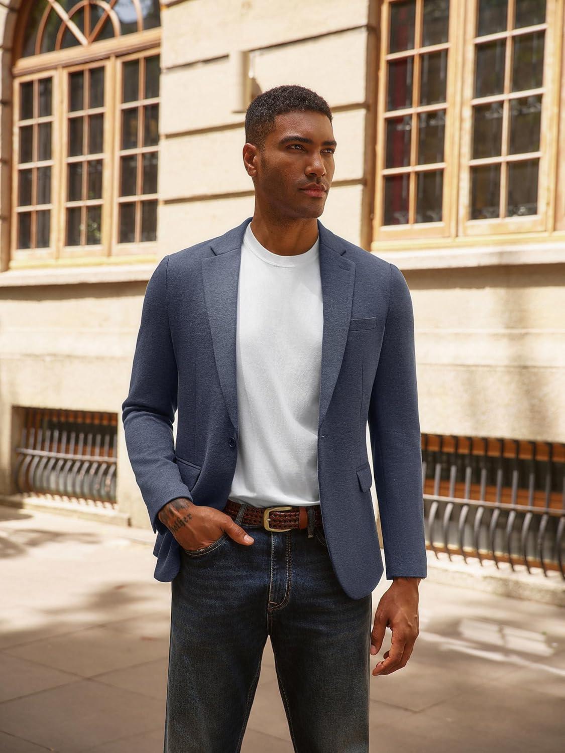 imagePJ PAUL JONES Mens Casual Knit Sport Coats One Button Slim Fit Blazer Notch Lapel Solid Suit Jacket with PocketsBlue Grey