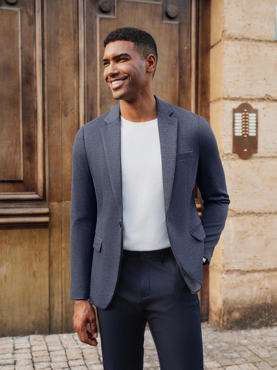 imagePJ PAUL JONES Mens Casual Knit Sport Coats One Button Slim Fit Blazer Notch Lapel Solid Suit Jacket with PocketsBlue Grey