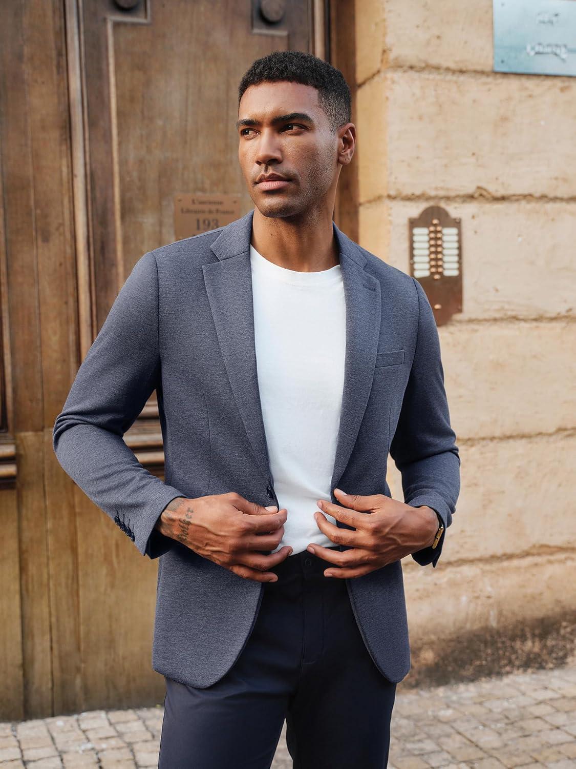 imagePJ PAUL JONES Mens Casual Knit Sport Coats One Button Slim Fit Blazer Notch Lapel Solid Suit Jacket with PocketsBlue Grey