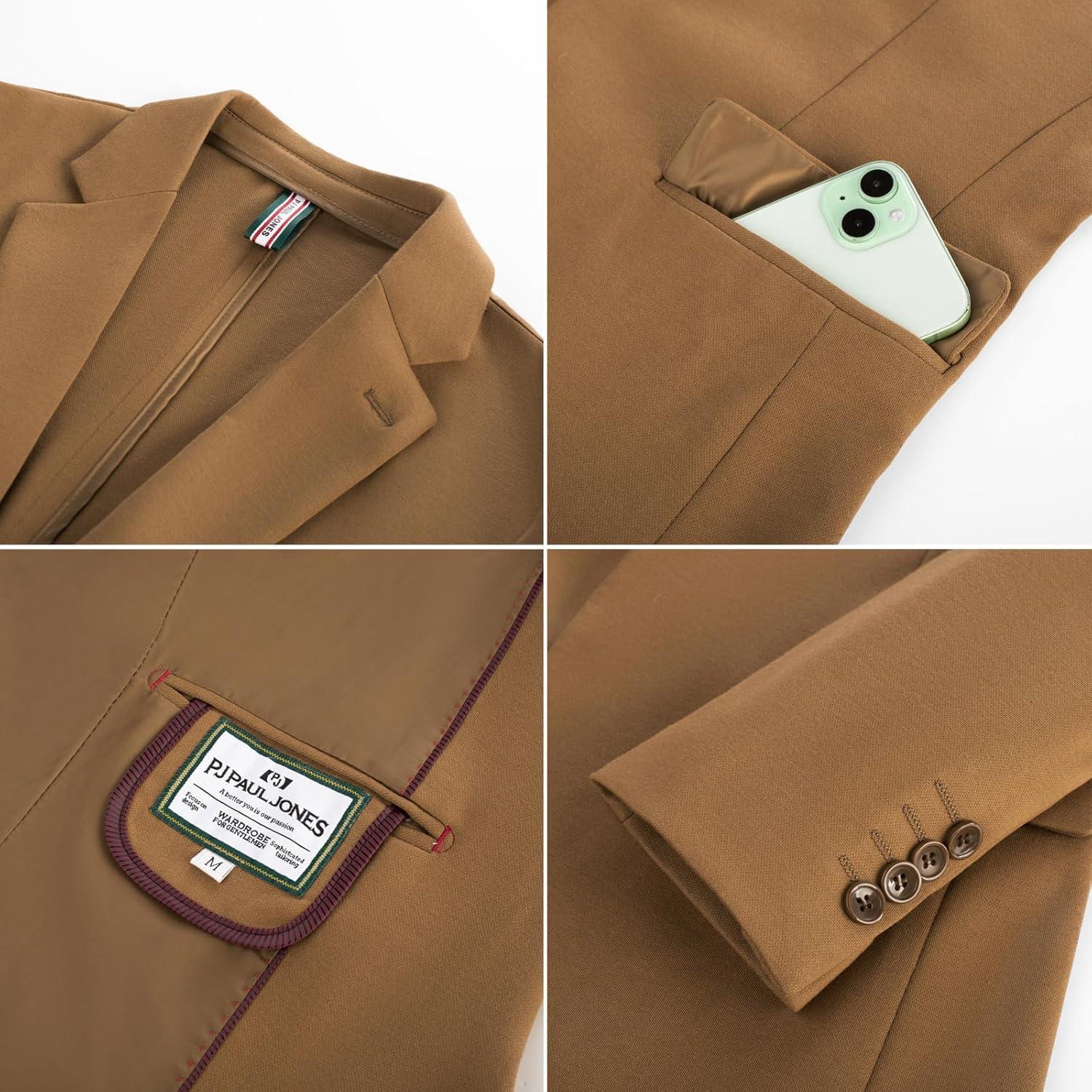 imagePJ PAUL JONES Mens Casual Knit Sport Coats One Button Slim Fit Blazer Notch Lapel Solid Suit Jacket with PocketsBrown