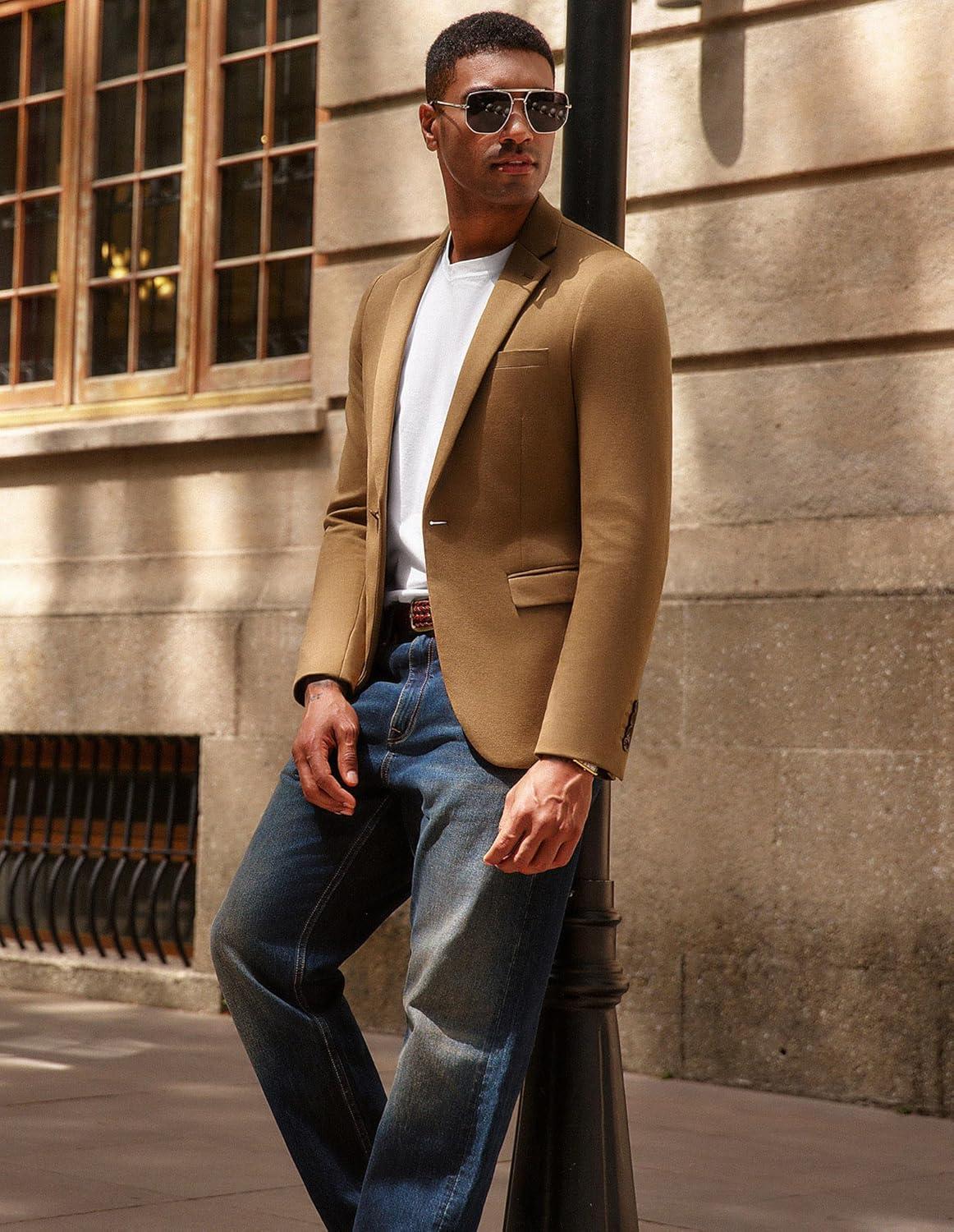 imagePJ PAUL JONES Mens Casual Knit Sport Coats One Button Slim Fit Blazer Notch Lapel Solid Suit Jacket with PocketsBrown