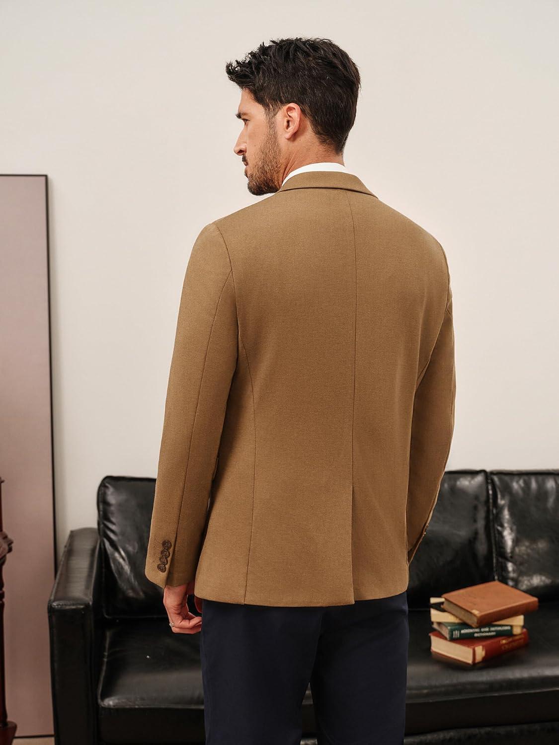 imagePJ PAUL JONES Mens Casual Knit Sport Coats One Button Slim Fit Blazer Notch Lapel Solid Suit Jacket with PocketsBrown