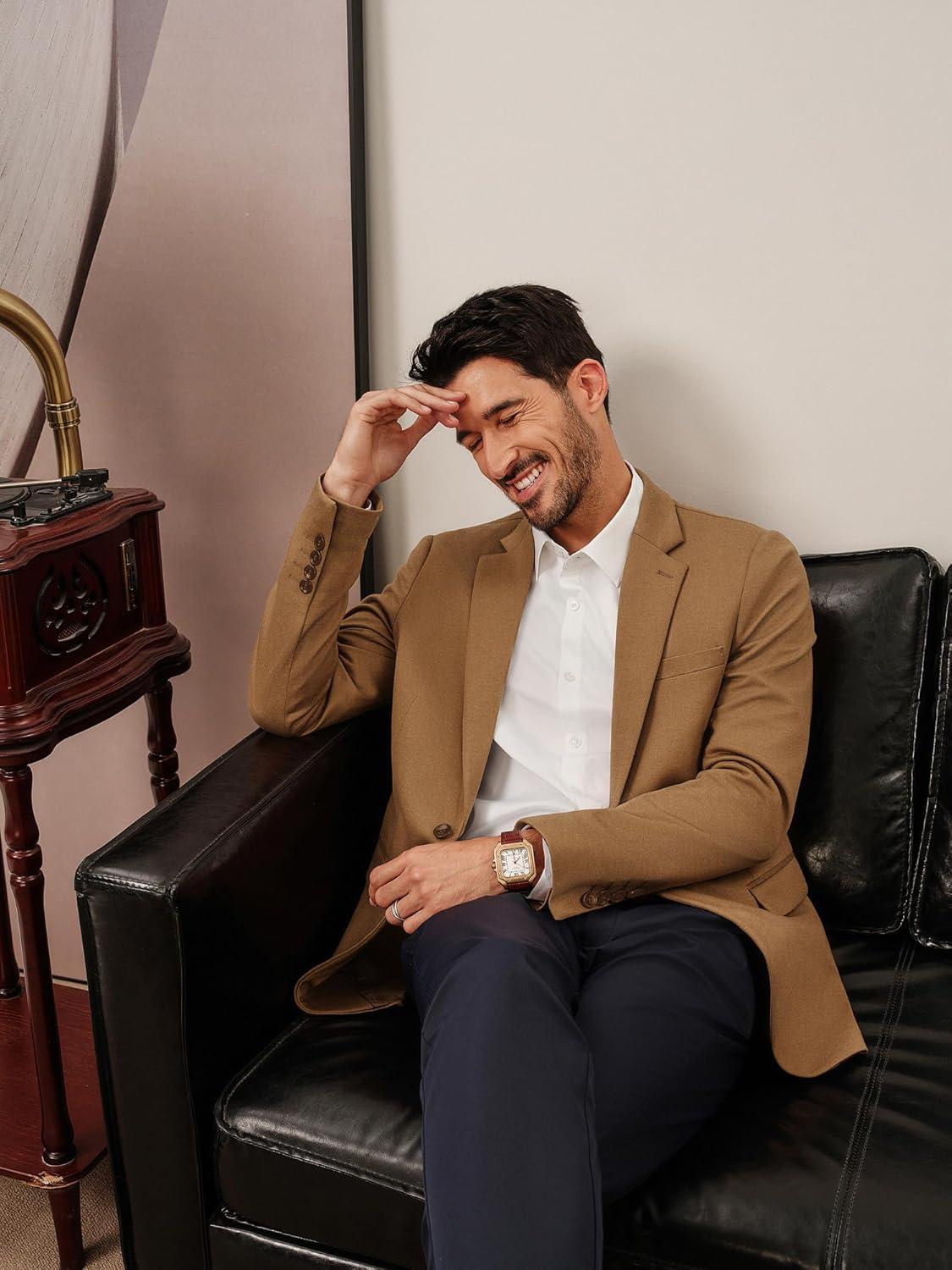 imagePJ PAUL JONES Mens Casual Knit Sport Coats One Button Slim Fit Blazer Notch Lapel Solid Suit Jacket with PocketsBrown