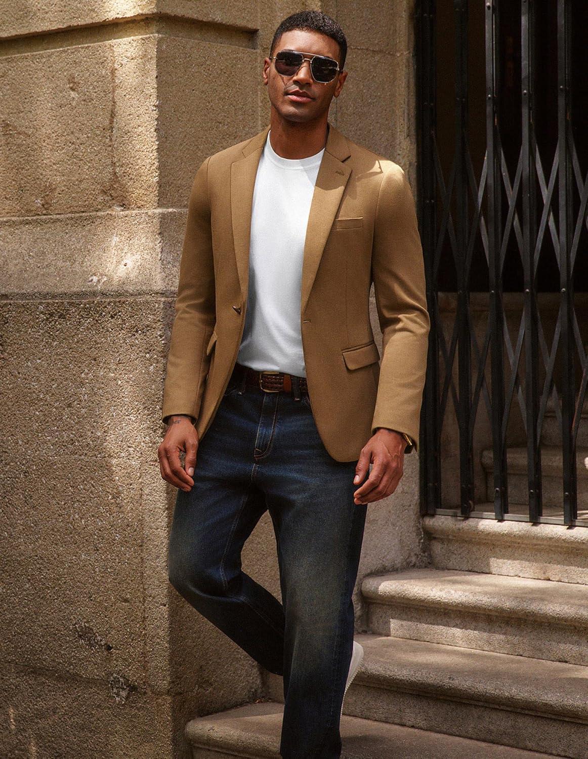 imagePJ PAUL JONES Mens Casual Knit Sport Coats One Button Slim Fit Blazer Notch Lapel Solid Suit Jacket with PocketsBrown