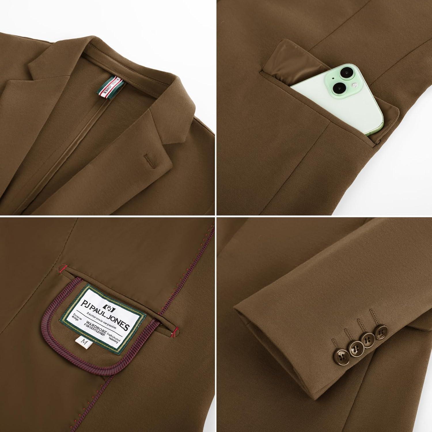 imagePJ PAUL JONES Mens Casual Knit Sport Coats One Button Slim Fit Blazer Notch Lapel Solid Suit Jacket with PocketsCoffee