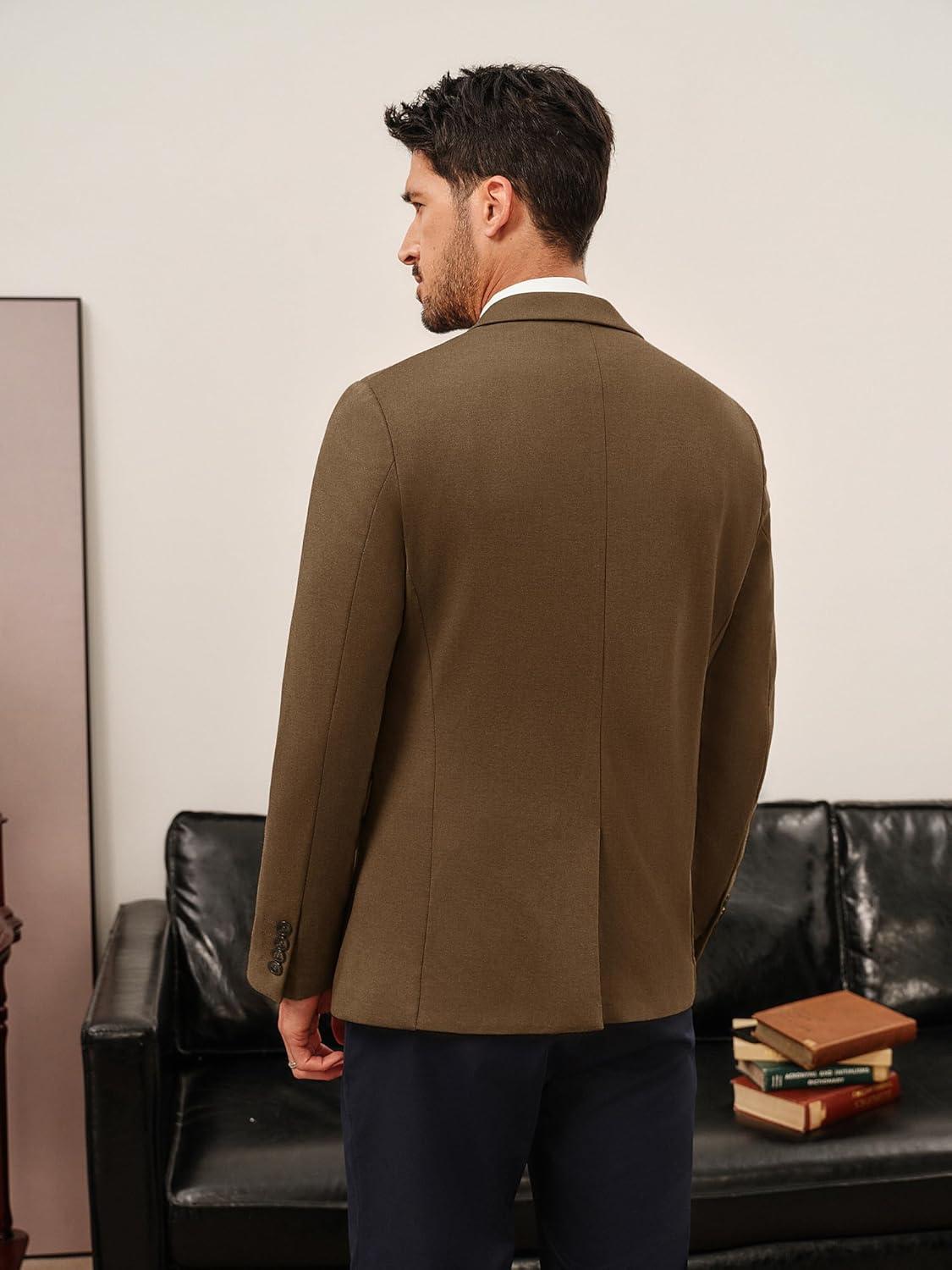 imagePJ PAUL JONES Mens Casual Knit Sport Coats One Button Slim Fit Blazer Notch Lapel Solid Suit Jacket with PocketsCoffee