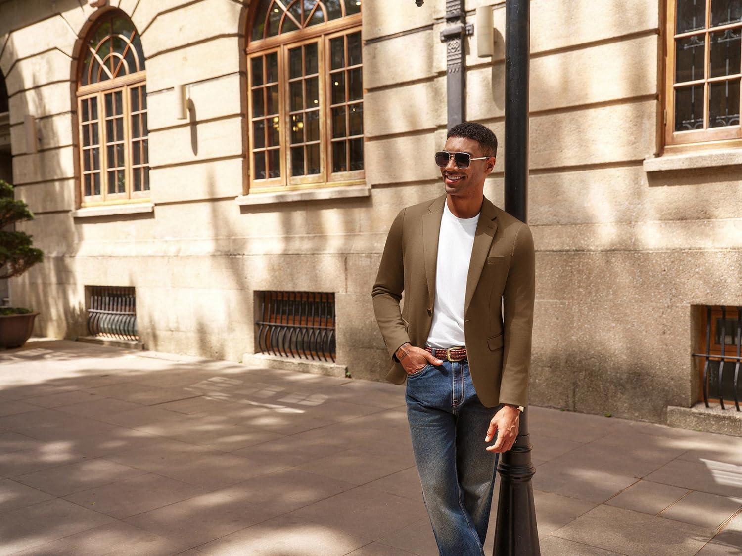 imagePJ PAUL JONES Mens Casual Knit Sport Coats One Button Slim Fit Blazer Notch Lapel Solid Suit Jacket with PocketsCoffee