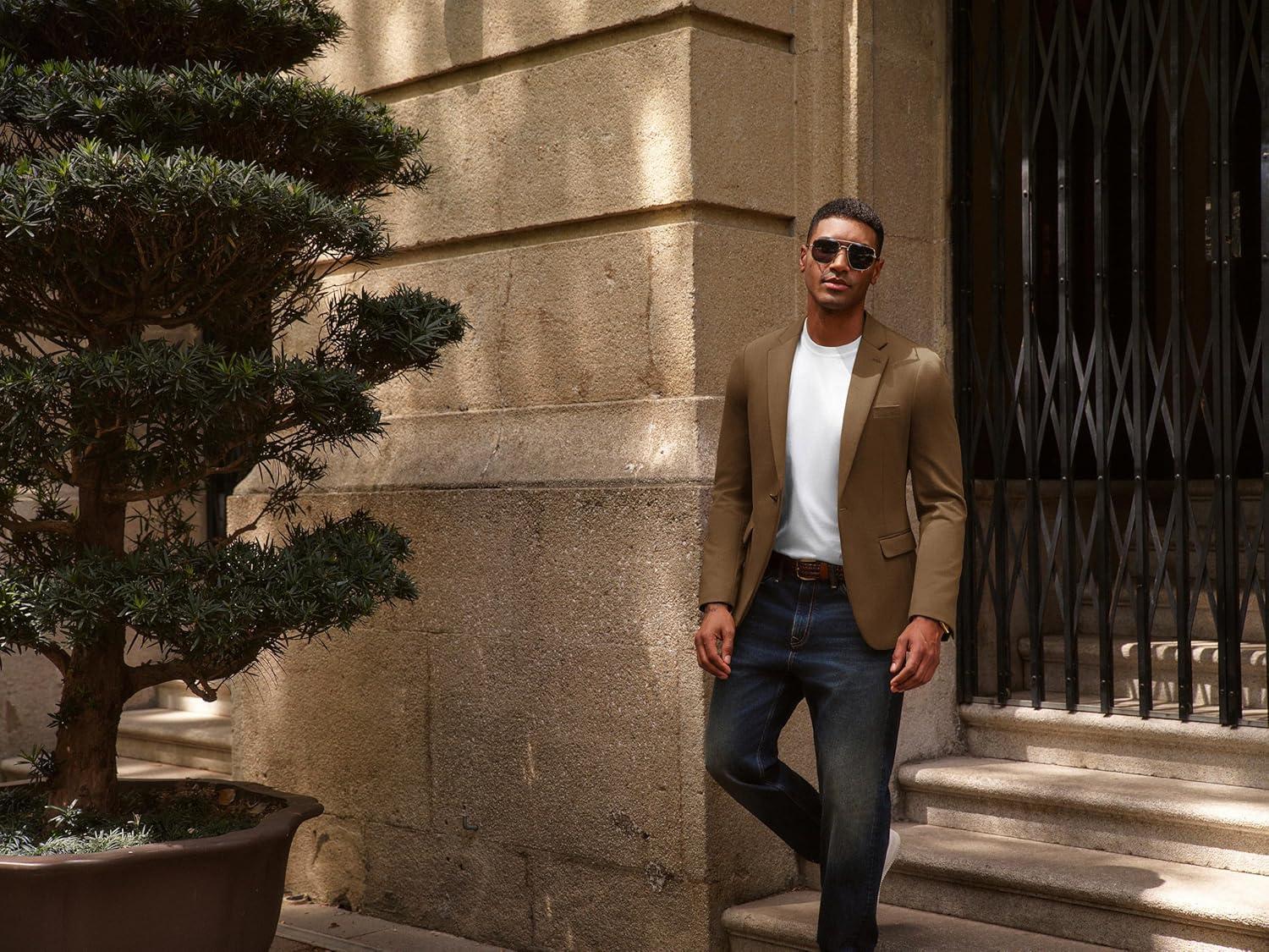 imagePJ PAUL JONES Mens Casual Knit Sport Coats One Button Slim Fit Blazer Notch Lapel Solid Suit Jacket with PocketsCoffee