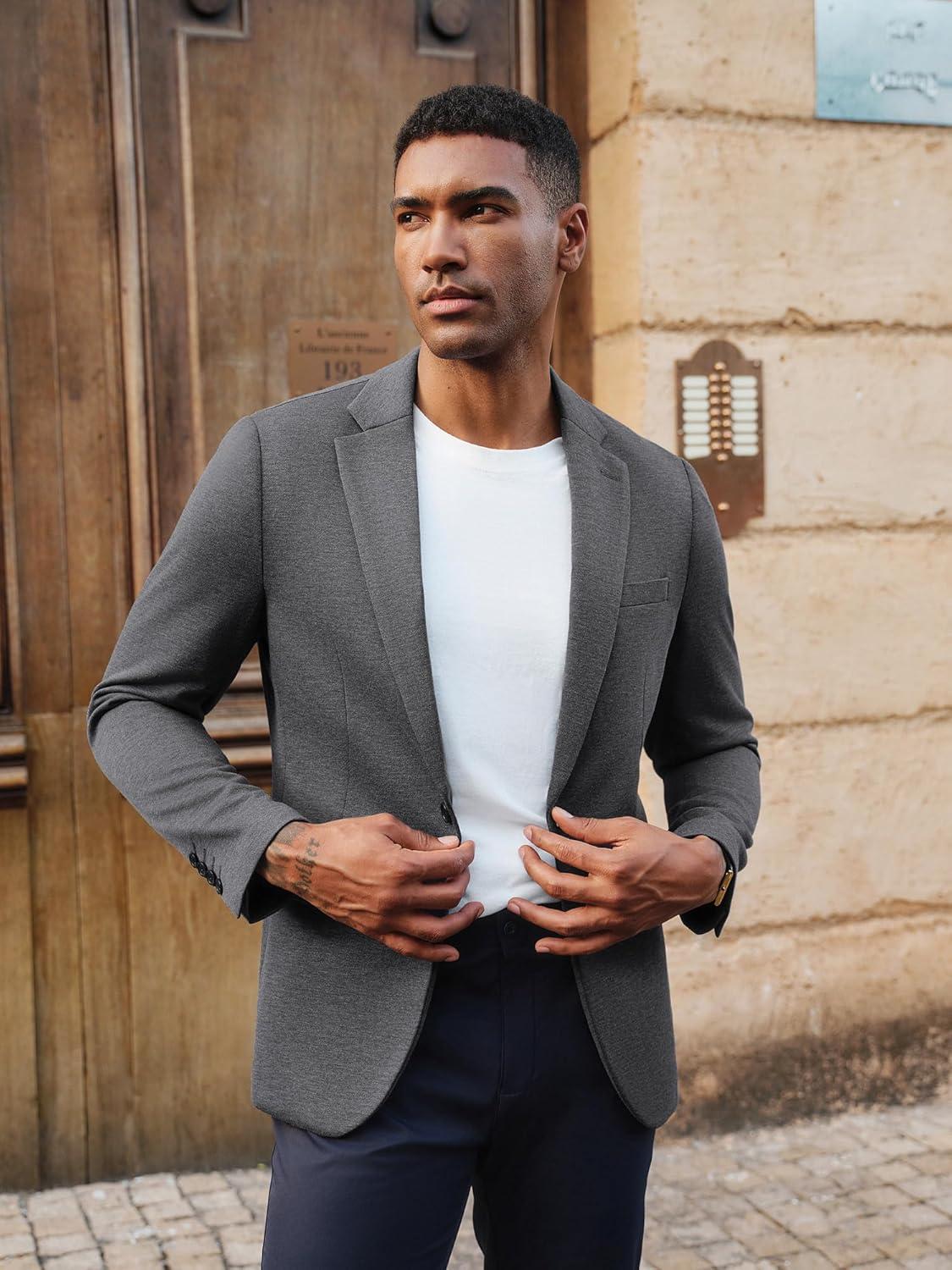 imagePJ PAUL JONES Mens Casual Knit Sport Coats One Button Slim Fit Blazer Notch Lapel Solid Suit Jacket with PocketsDark Grey