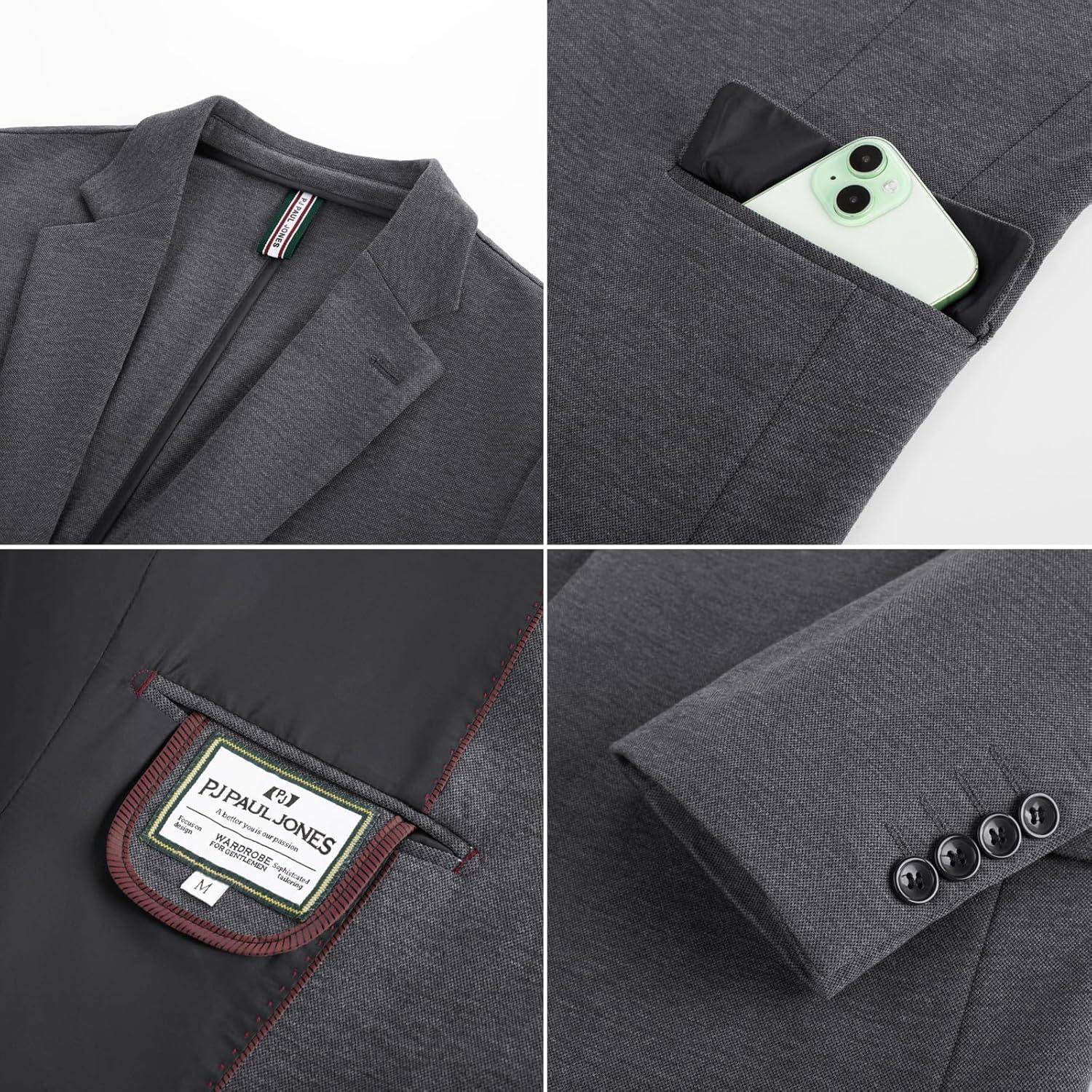 imagePJ PAUL JONES Mens Casual Knit Sport Coats One Button Slim Fit Blazer Notch Lapel Solid Suit Jacket with PocketsDark Grey