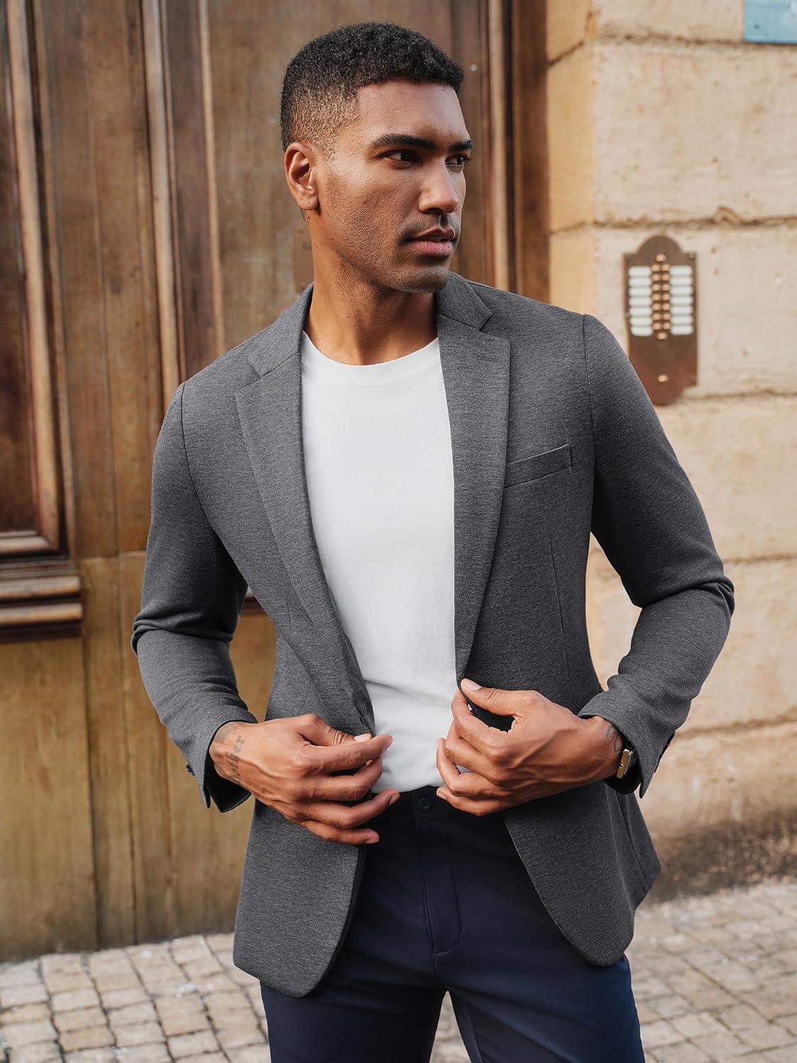 imagePJ PAUL JONES Mens Casual Knit Sport Coats One Button Slim Fit Blazer Notch Lapel Solid Suit Jacket with PocketsDark Grey