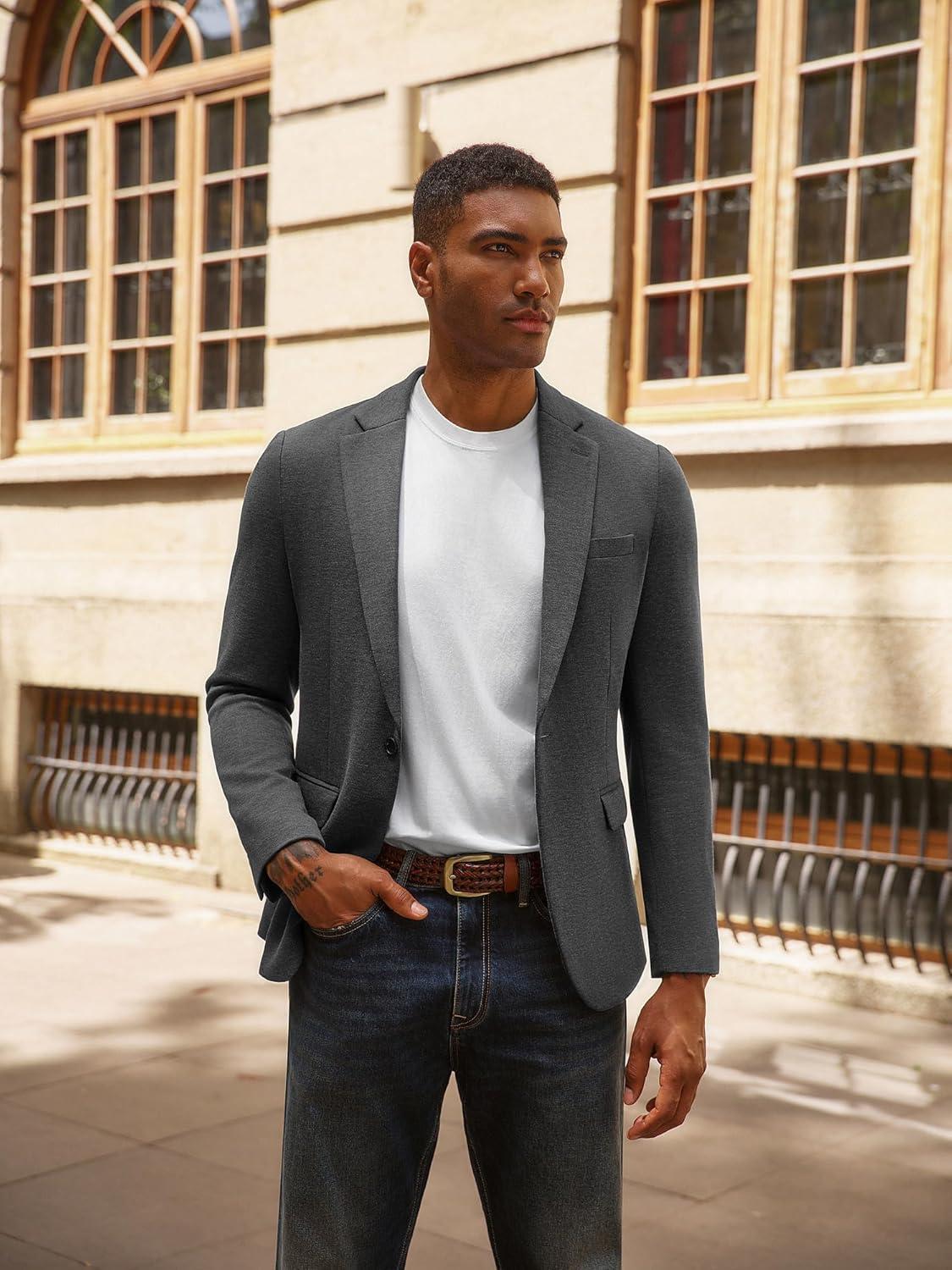 imagePJ PAUL JONES Mens Casual Knit Sport Coats One Button Slim Fit Blazer Notch Lapel Solid Suit Jacket with PocketsDark Grey