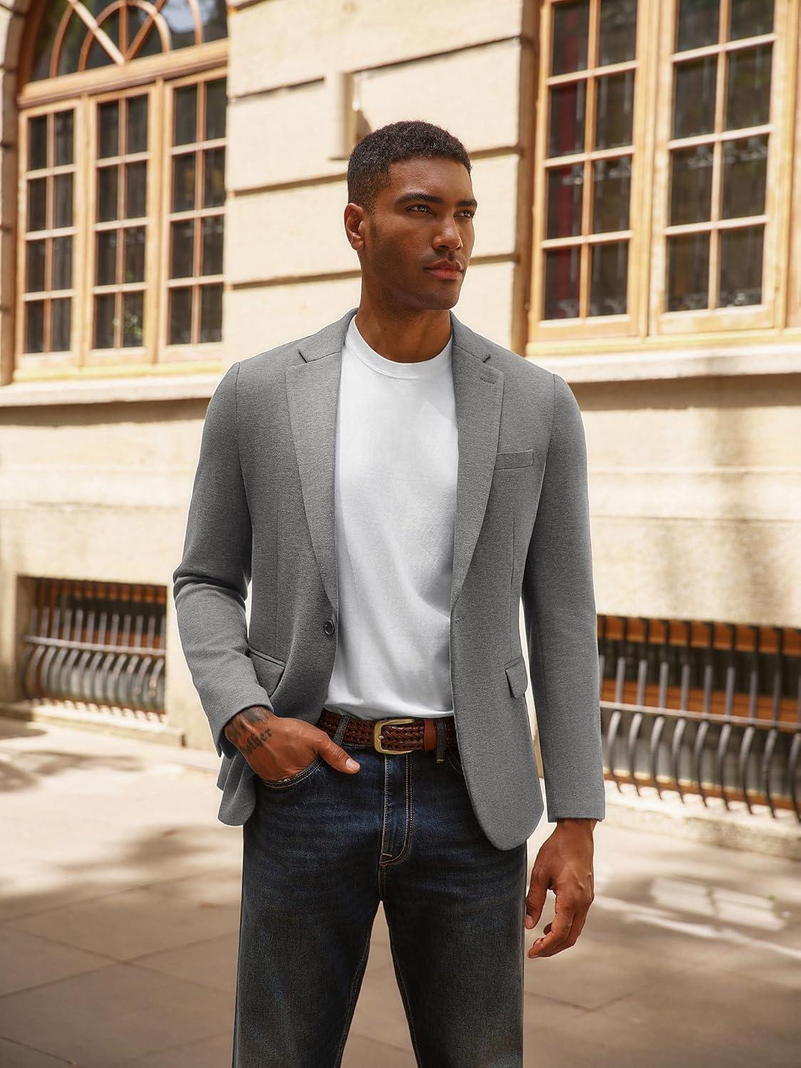 imagePJ PAUL JONES Mens Casual Knit Sport Coats One Button Slim Fit Blazer Notch Lapel Solid Suit Jacket with PocketsLight Grey