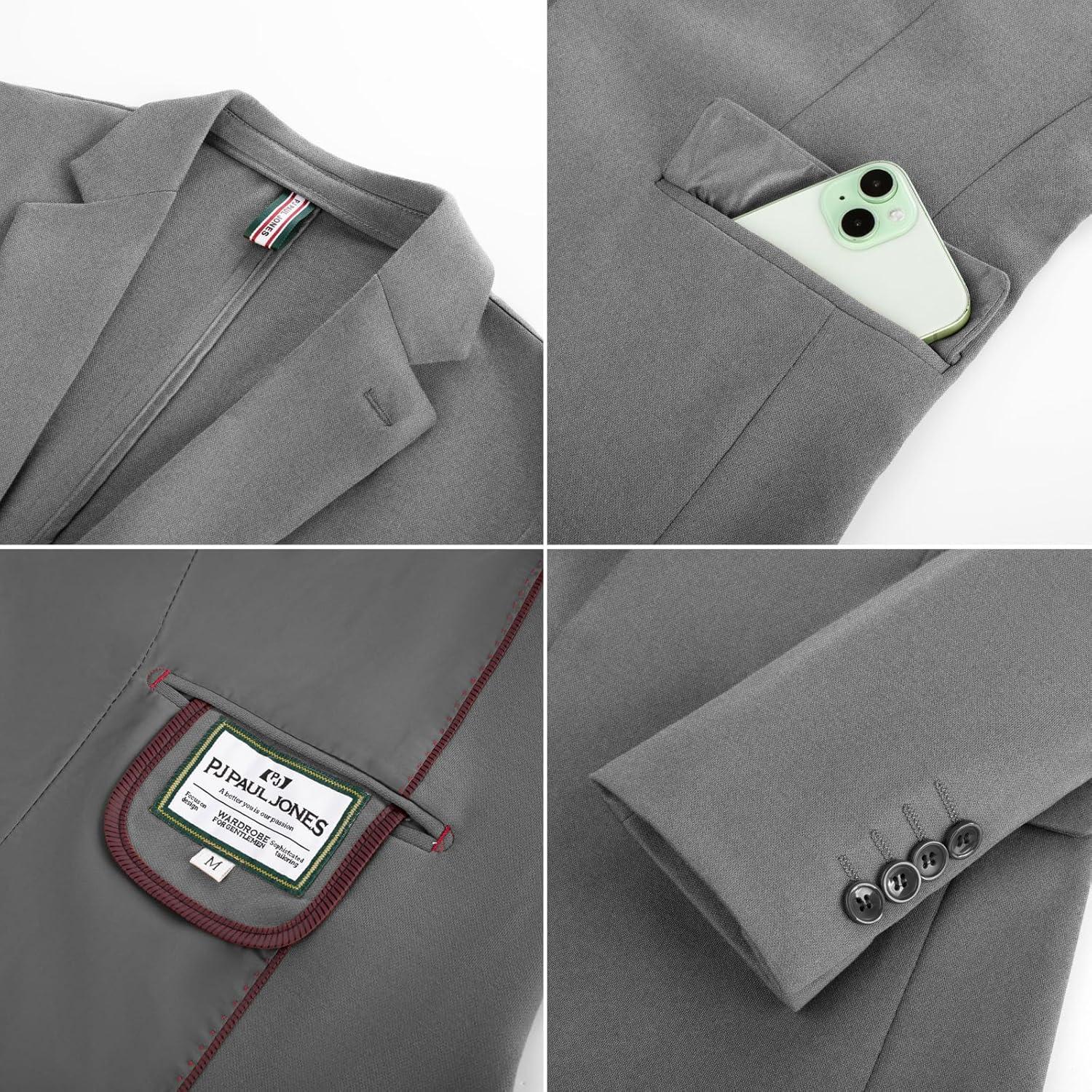imagePJ PAUL JONES Mens Casual Knit Sport Coats One Button Slim Fit Blazer Notch Lapel Solid Suit Jacket with PocketsLight Grey