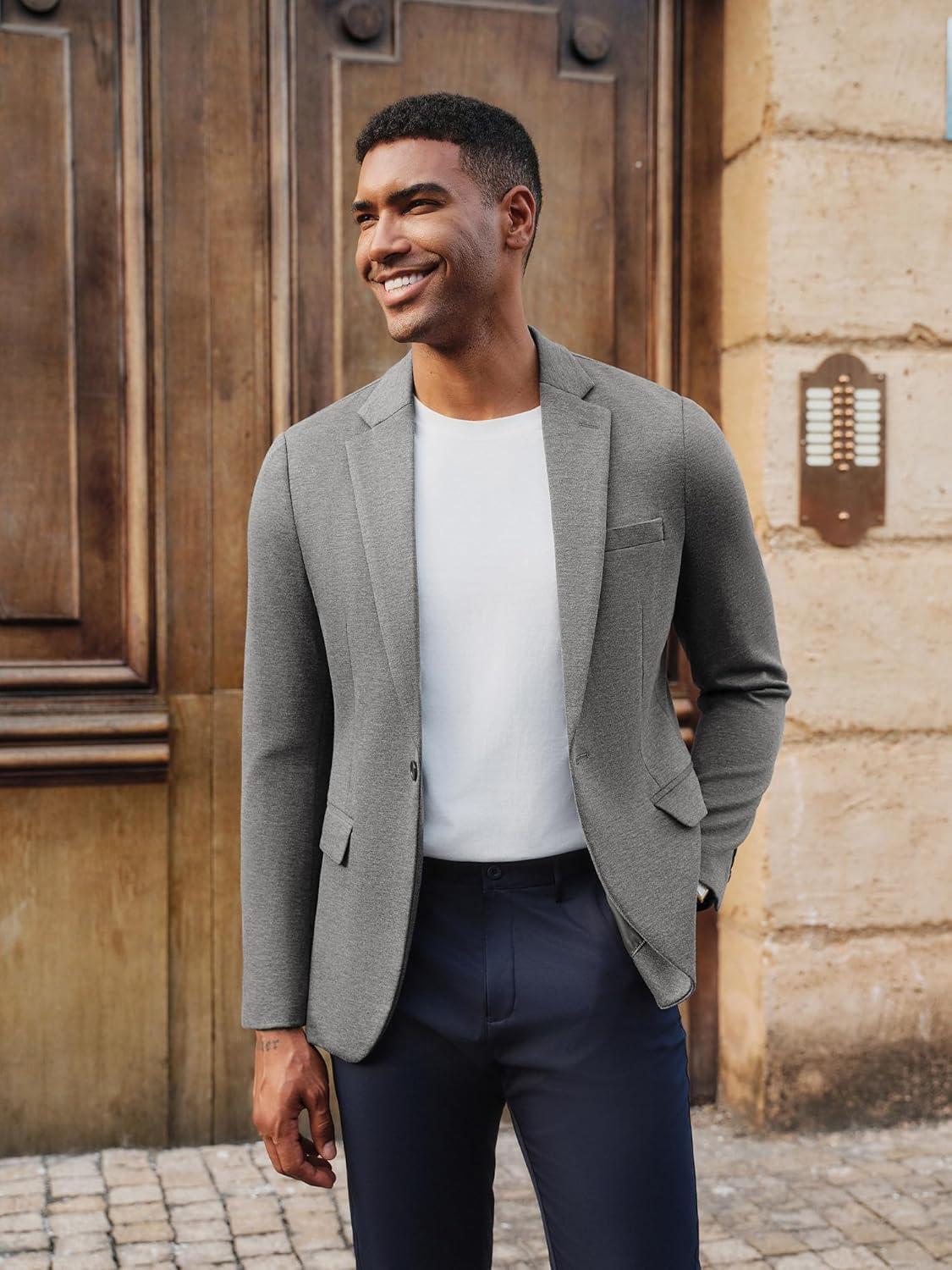 imagePJ PAUL JONES Mens Casual Knit Sport Coats One Button Slim Fit Blazer Notch Lapel Solid Suit Jacket with PocketsLight Grey