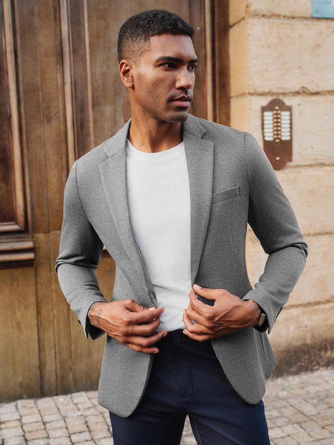 imagePJ PAUL JONES Mens Casual Knit Sport Coats One Button Slim Fit Blazer Notch Lapel Solid Suit Jacket with PocketsLight Grey